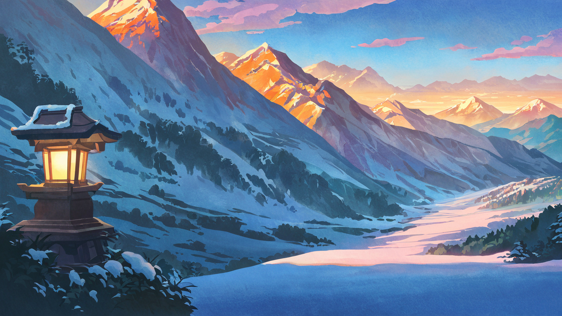 snowy mountain village lofi wallpaper