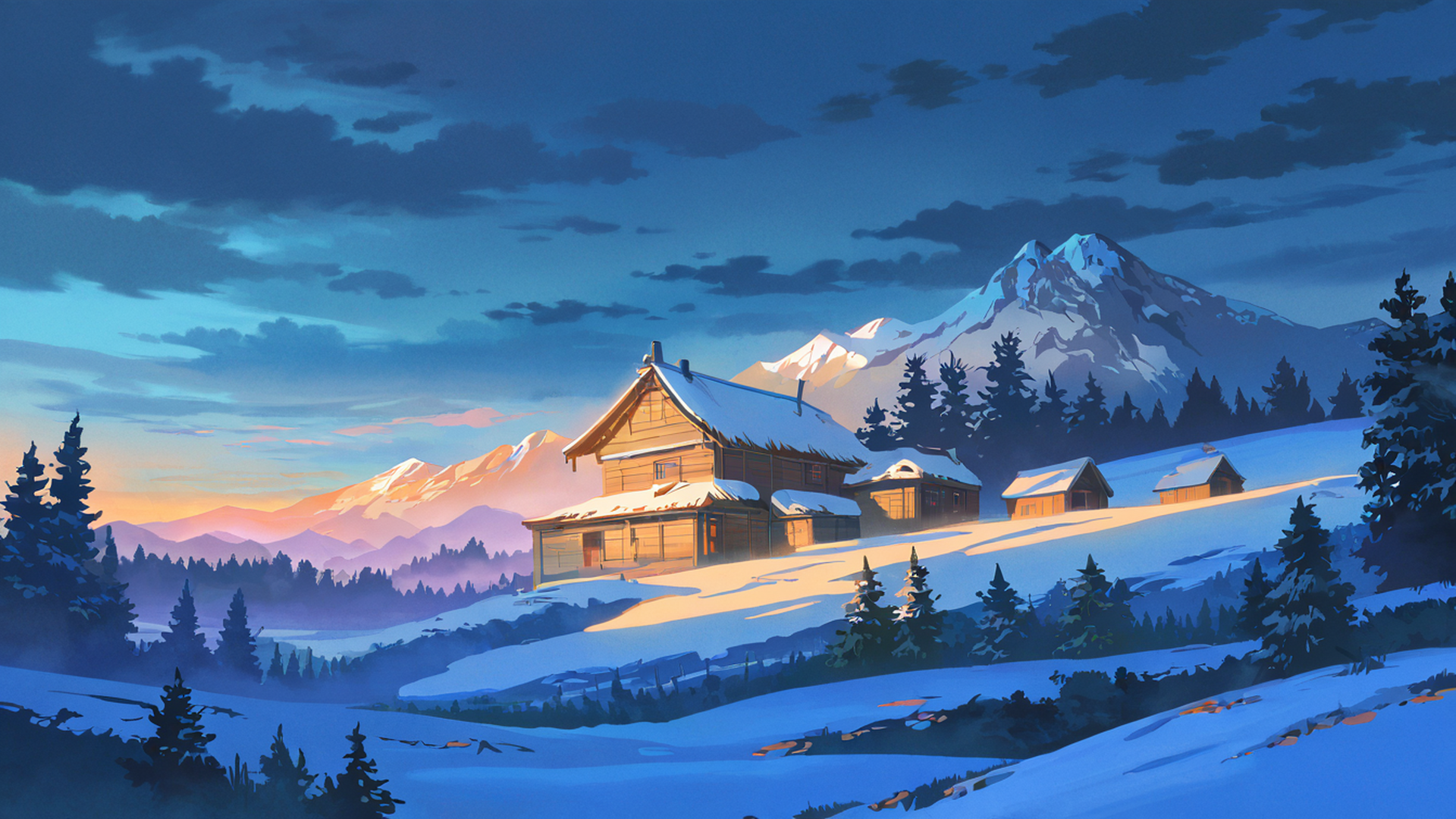 snowy mountain village lofi wallpaper