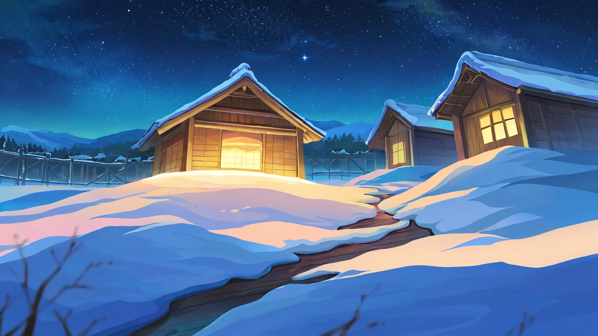 snowy mountain village lofi wallpaper