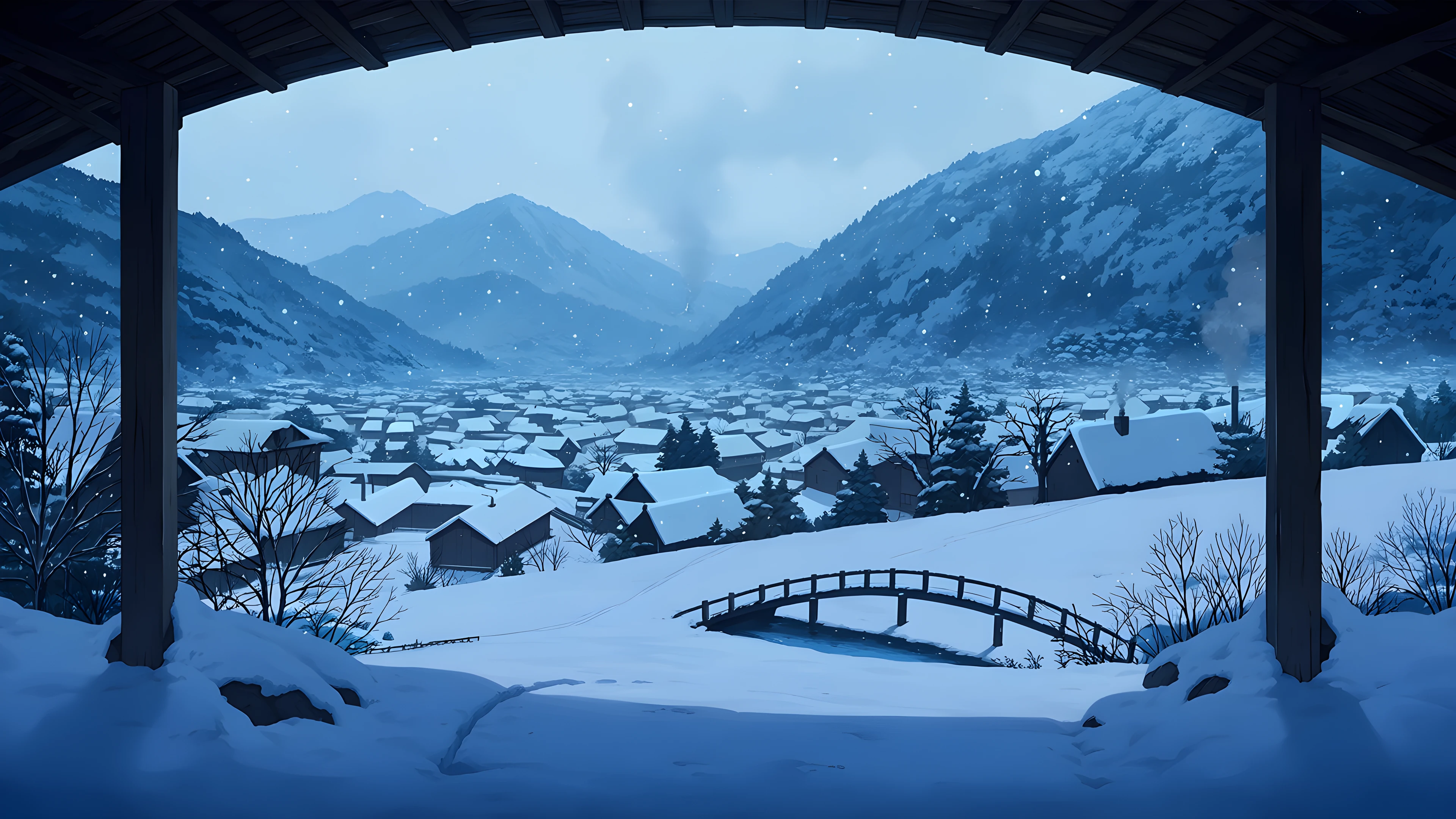 Snowy Mountain Village lofi wallpaper