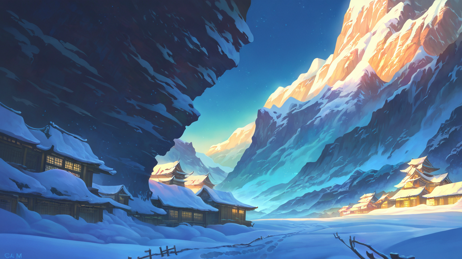 snowy mountain village lofi wallpaper