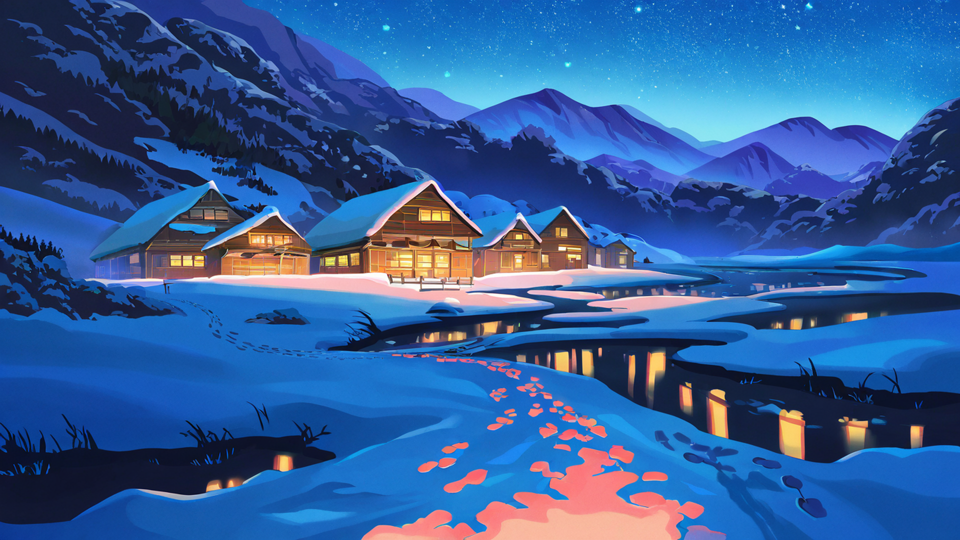 snowy mountain village lofi wallpaper