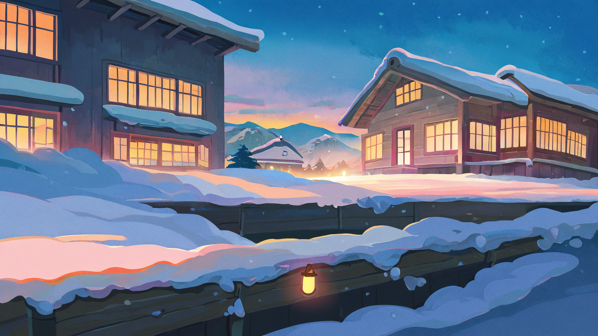 snowy mountain village lofi wallpaper