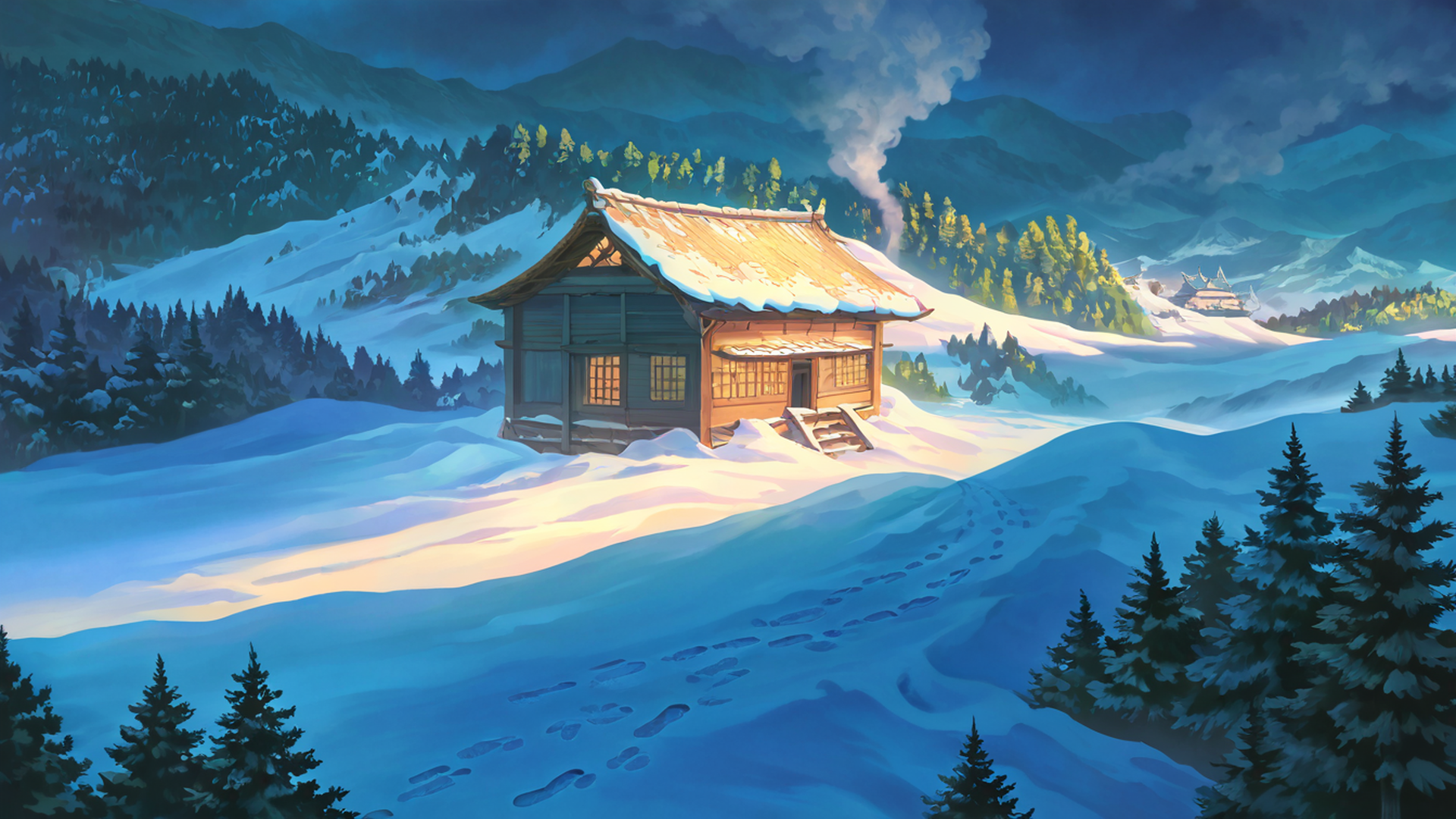snowy mountain village lofi wallpaper
