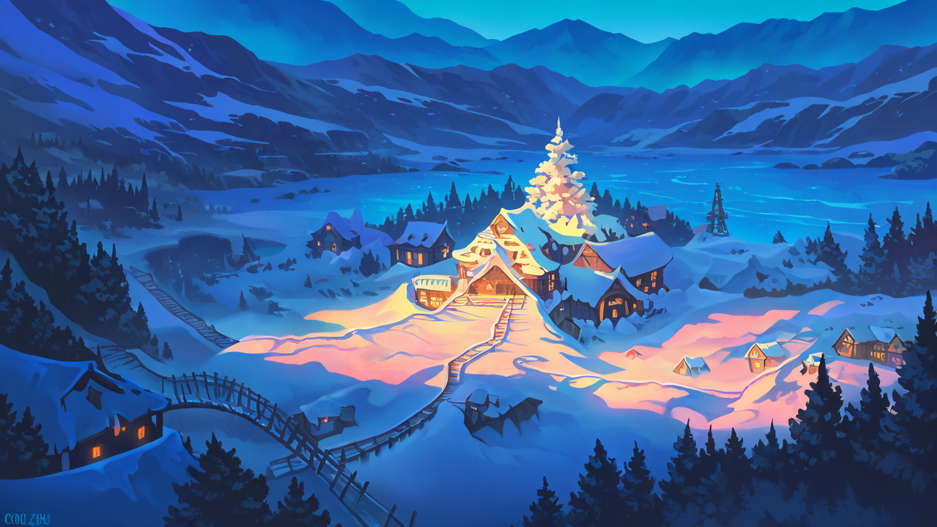 snowy mountain village lofi wallpaper