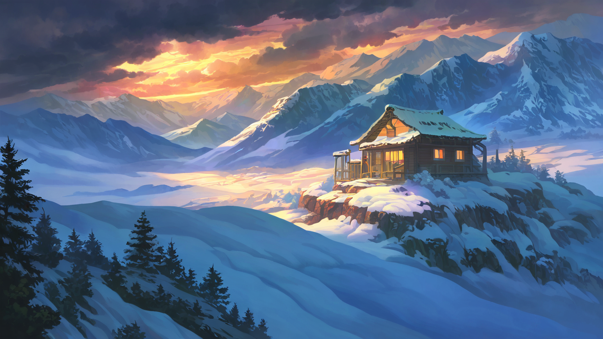 snowy mountain village lofi wallpaper