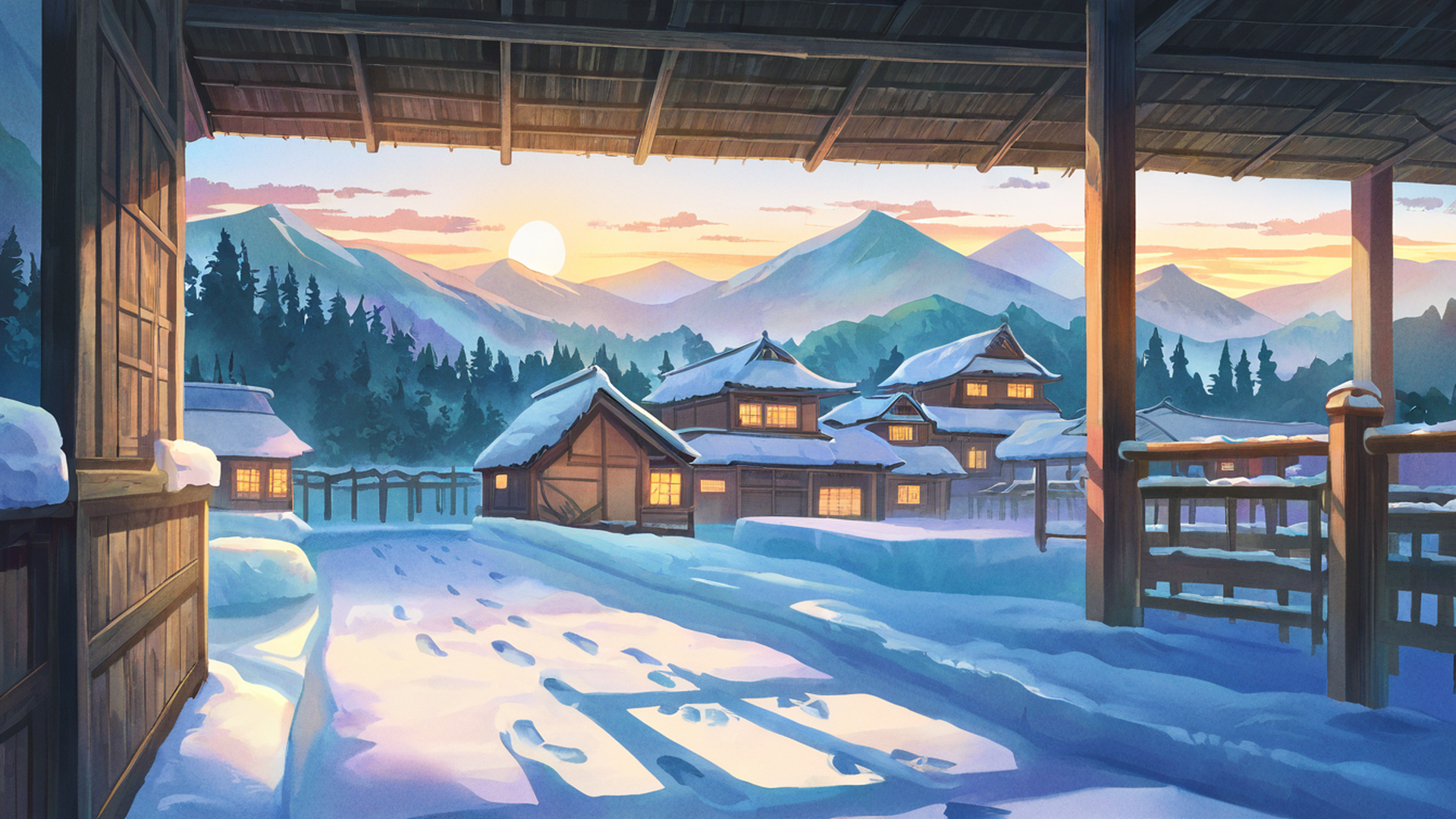 snowy mountain village lofi wallpaper