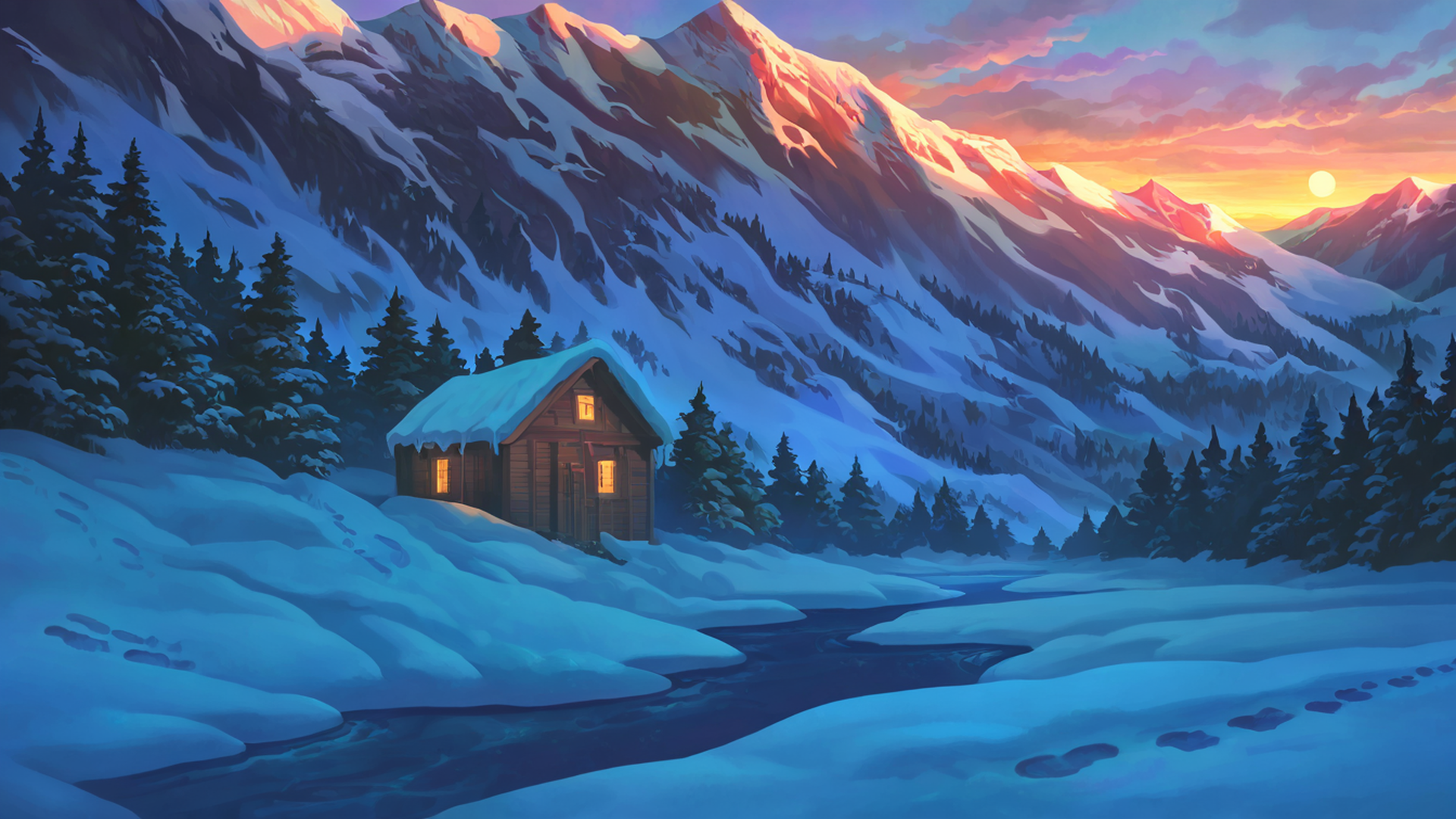snowy mountain village lofi wallpaper