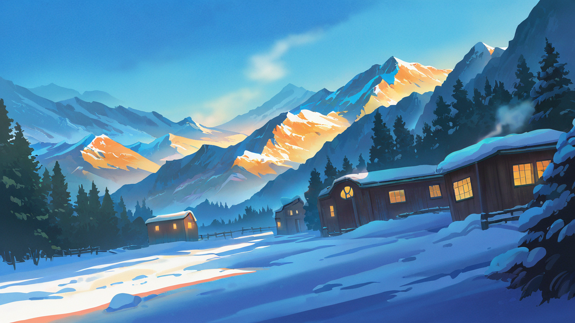 snowy mountain village lofi wallpaper