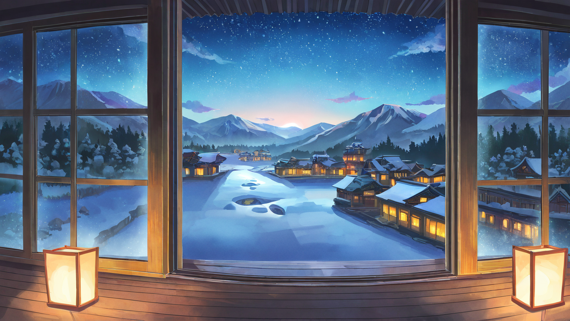 snowy mountain village lofi wallpaper