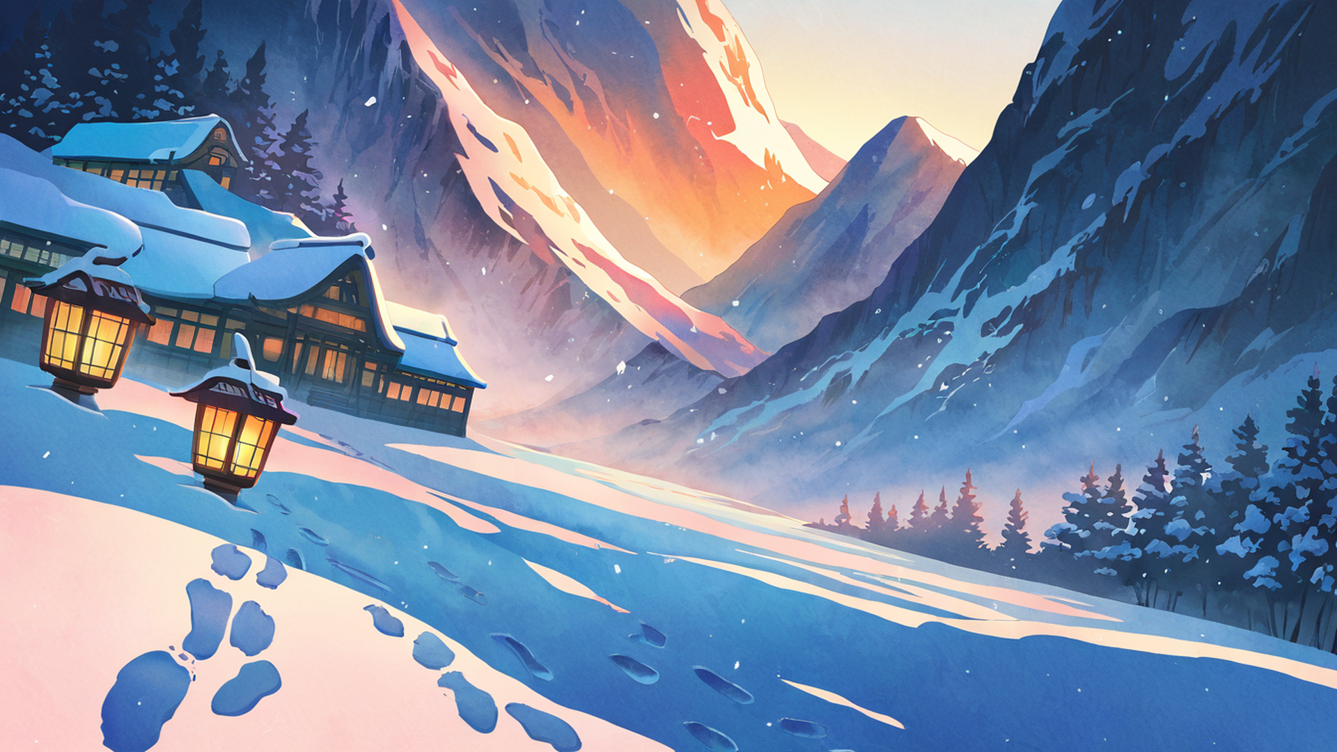 snowy mountain village lofi wallpaper