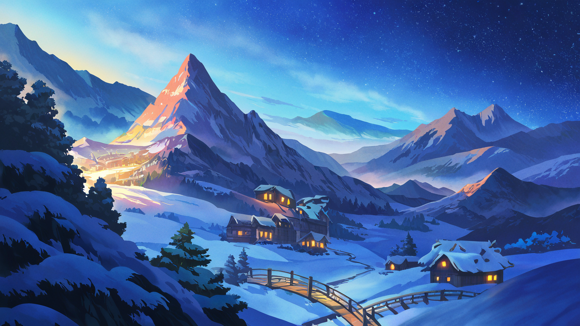 snowy mountain village lofi wallpaper