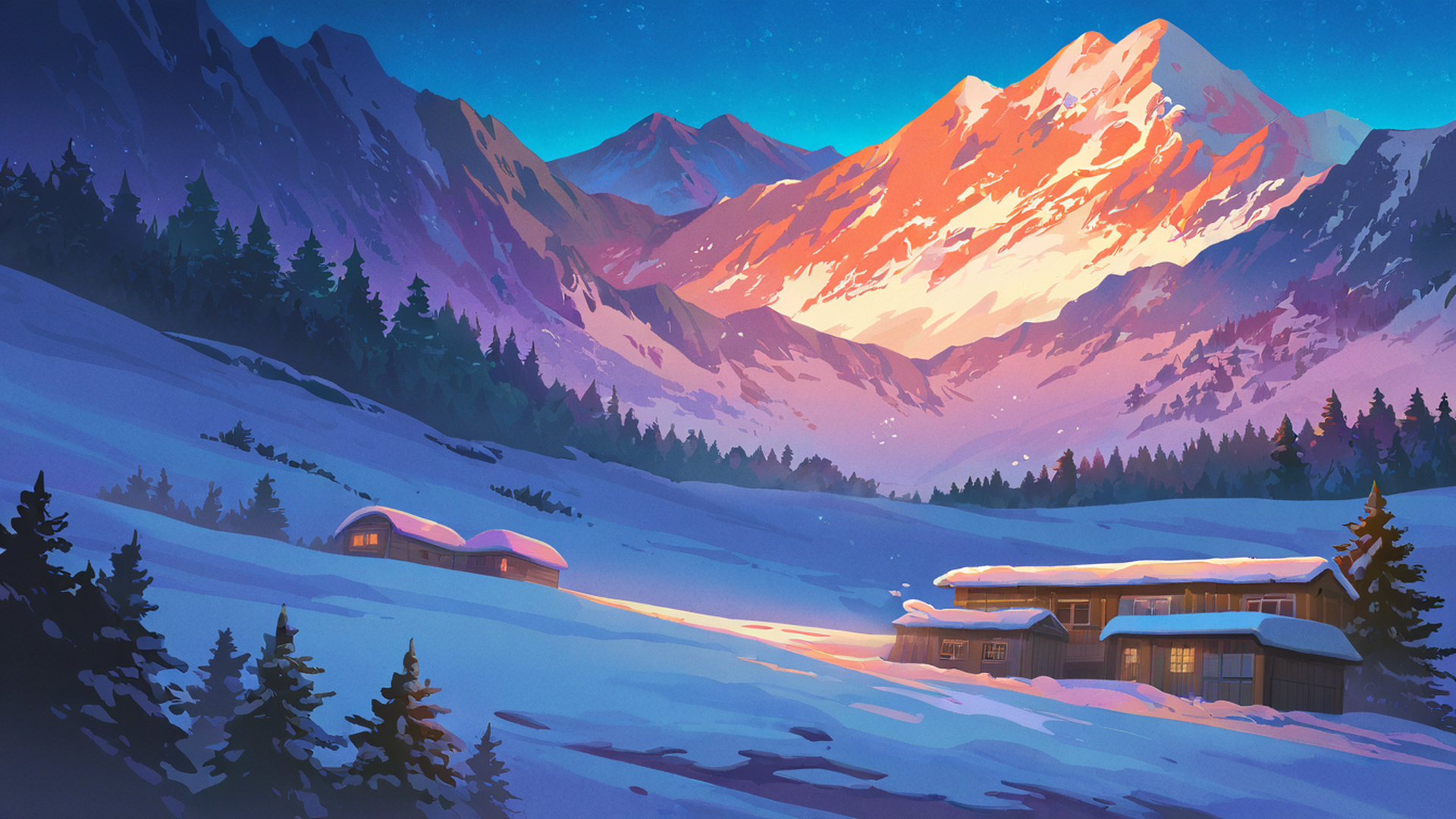 snowy mountain village lofi wallpaper
