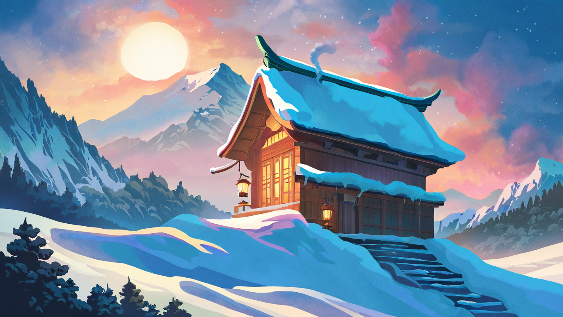 snowy mountain village lofi wallpaper