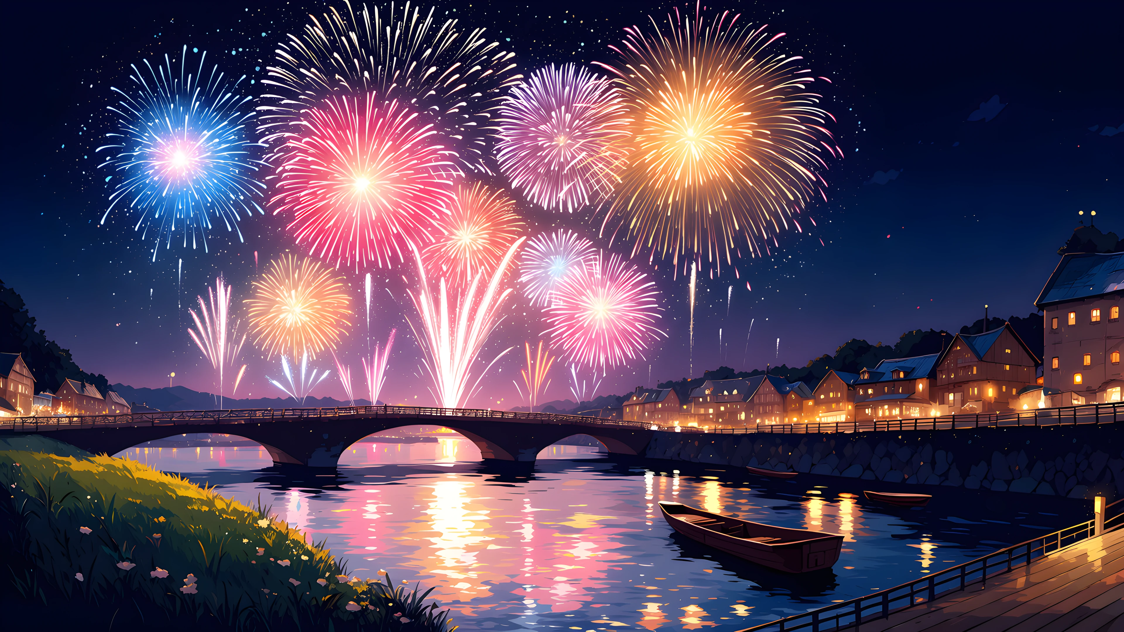 Summer Fireworks River lofi wallpaper
