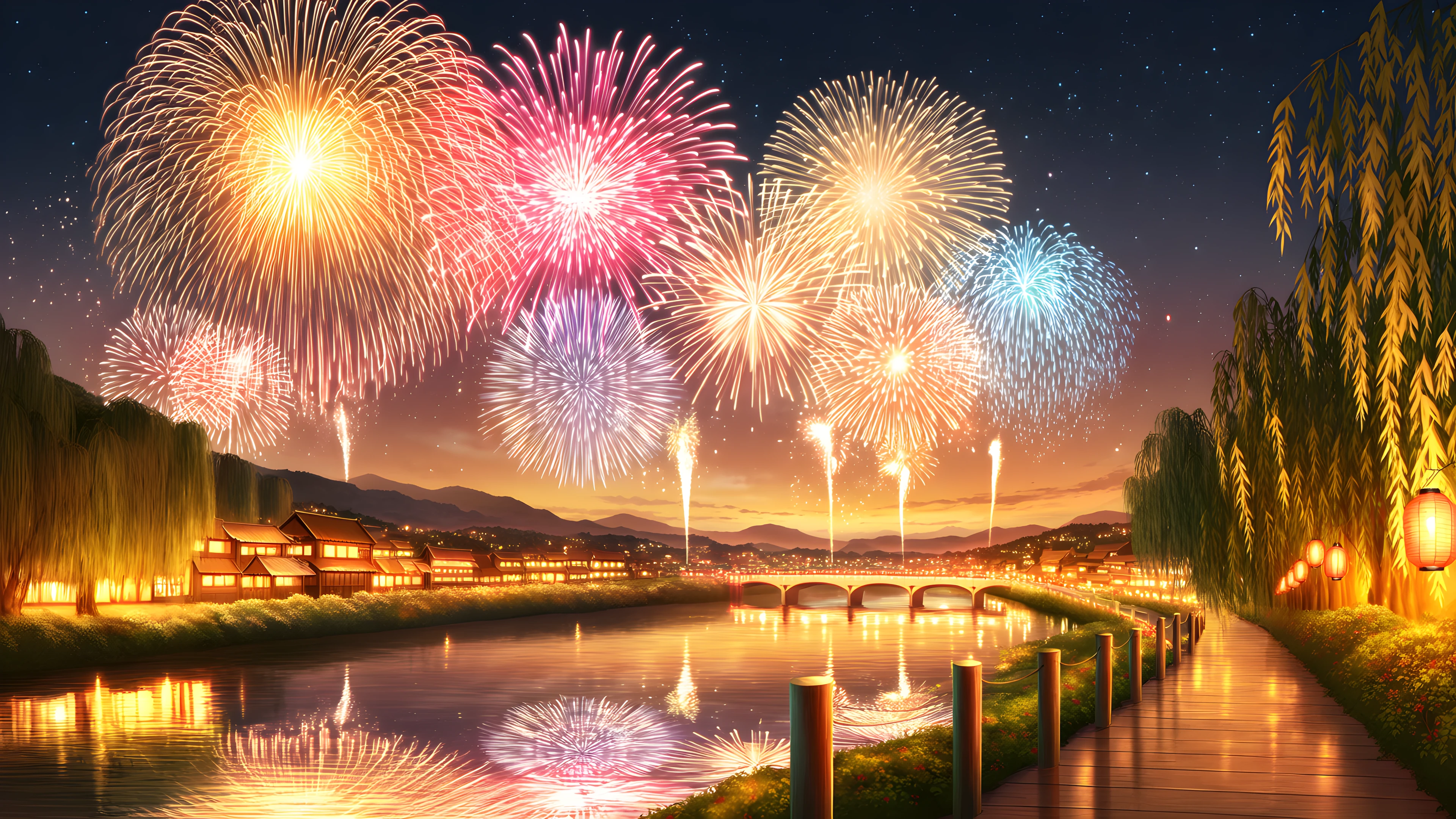 Summer Fireworks River lofi wallpaper