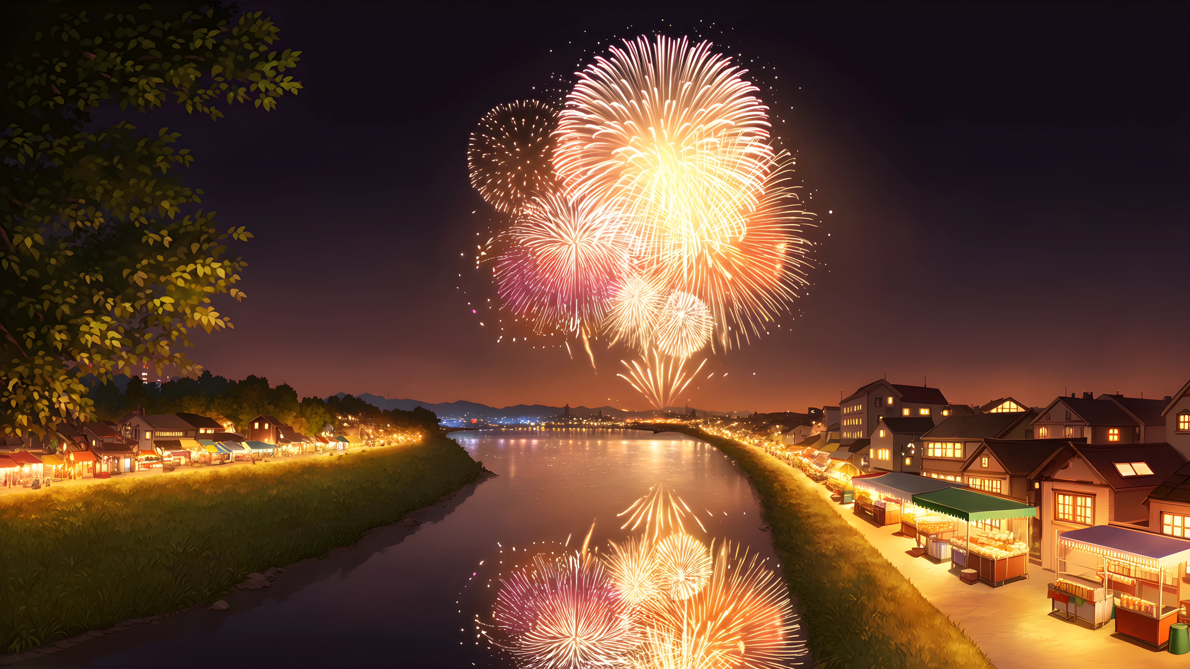Summer Fireworks River lofi wallpaper