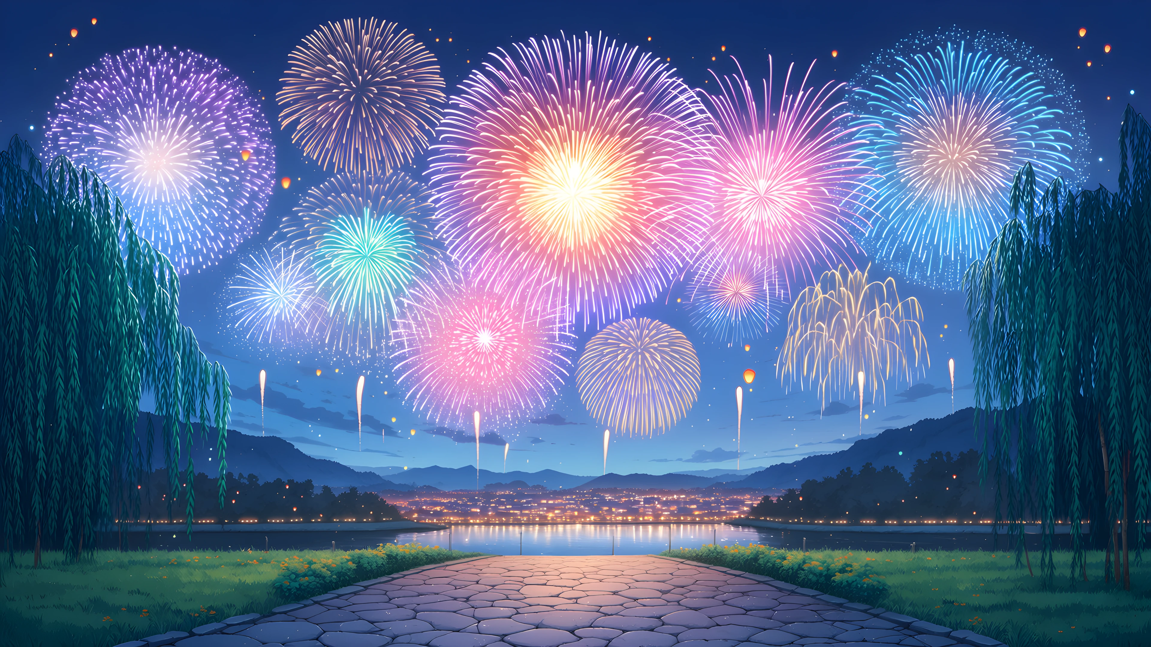 Summer Fireworks River variant — Japanese aesthetic lofi wallpaper HD 4K Ultrawide