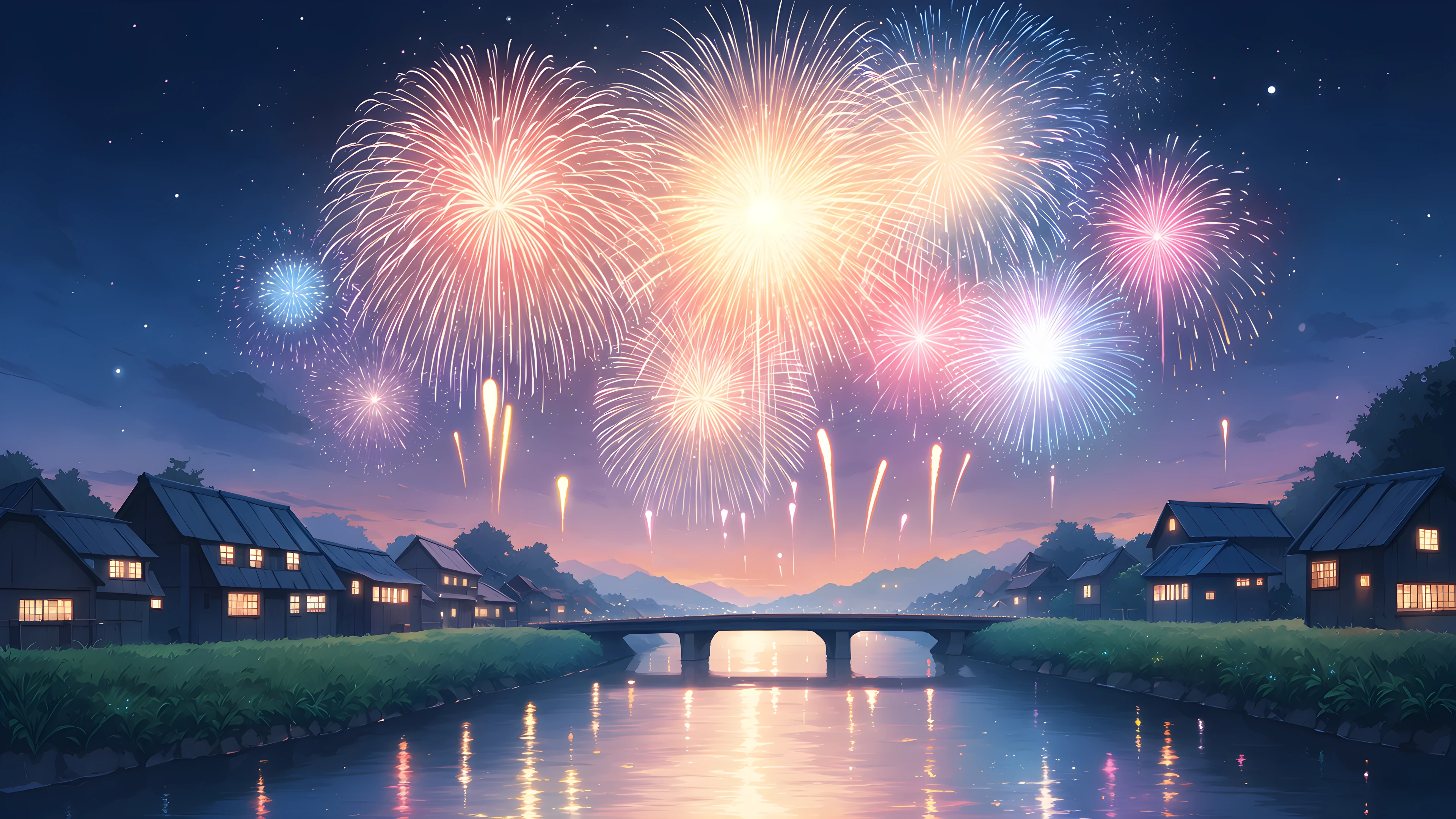 Summer Fireworks River lofi wallpaper