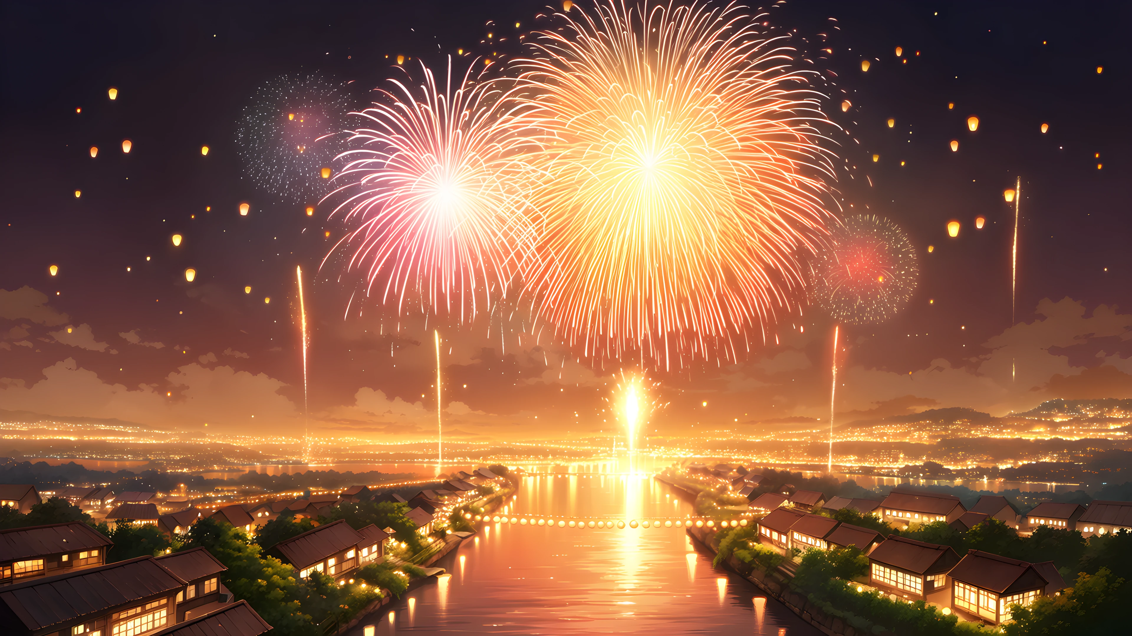 Summer Fireworks River variant — Japanese aesthetic lofi wallpaper HD 4K Ultrawide