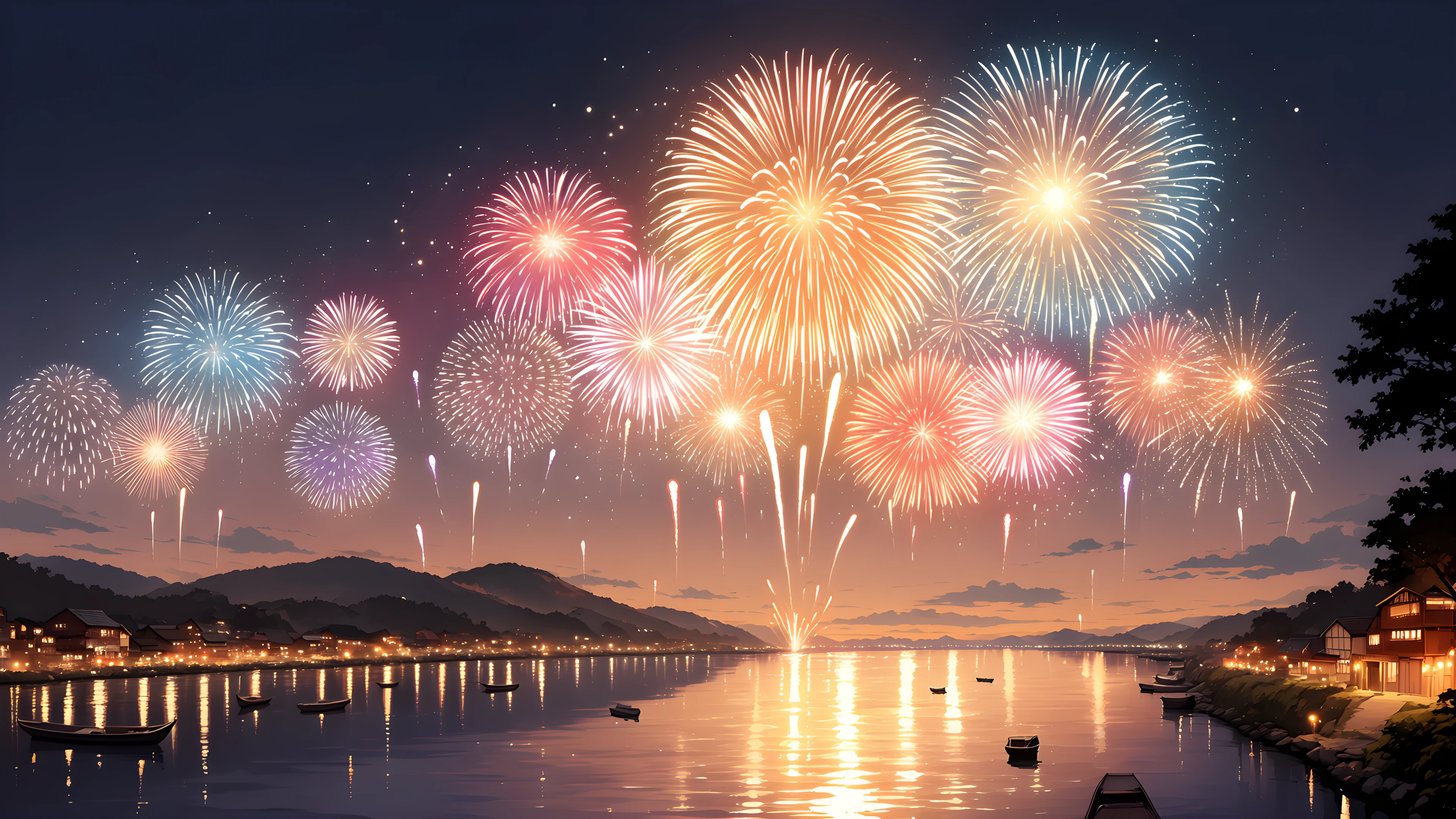 Summer Fireworks River variant — Japanese aesthetic lofi wallpaper HD 4K Ultrawide