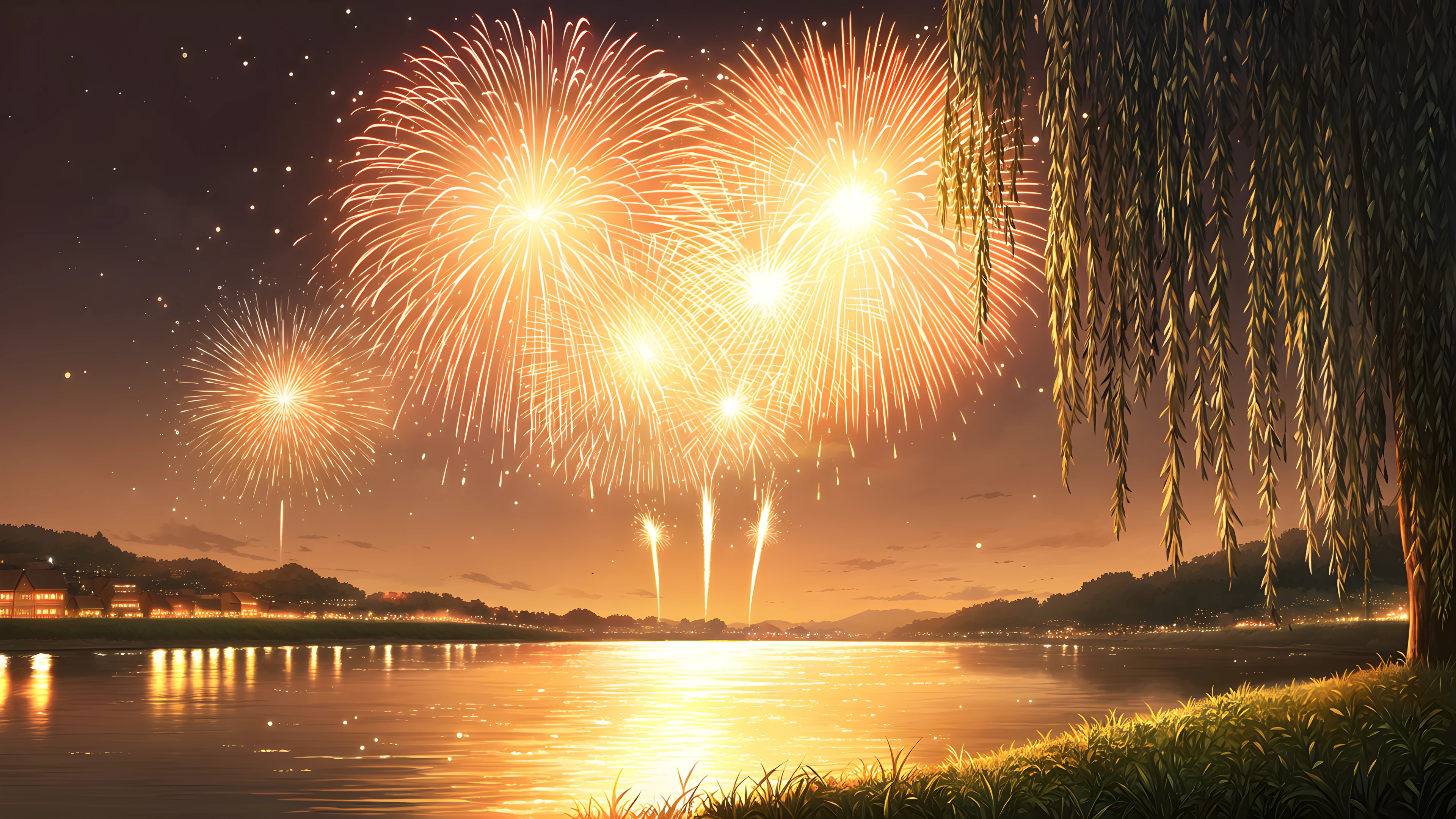 Summer Fireworks River variant — Japanese aesthetic lofi wallpaper HD 4K Ultrawide