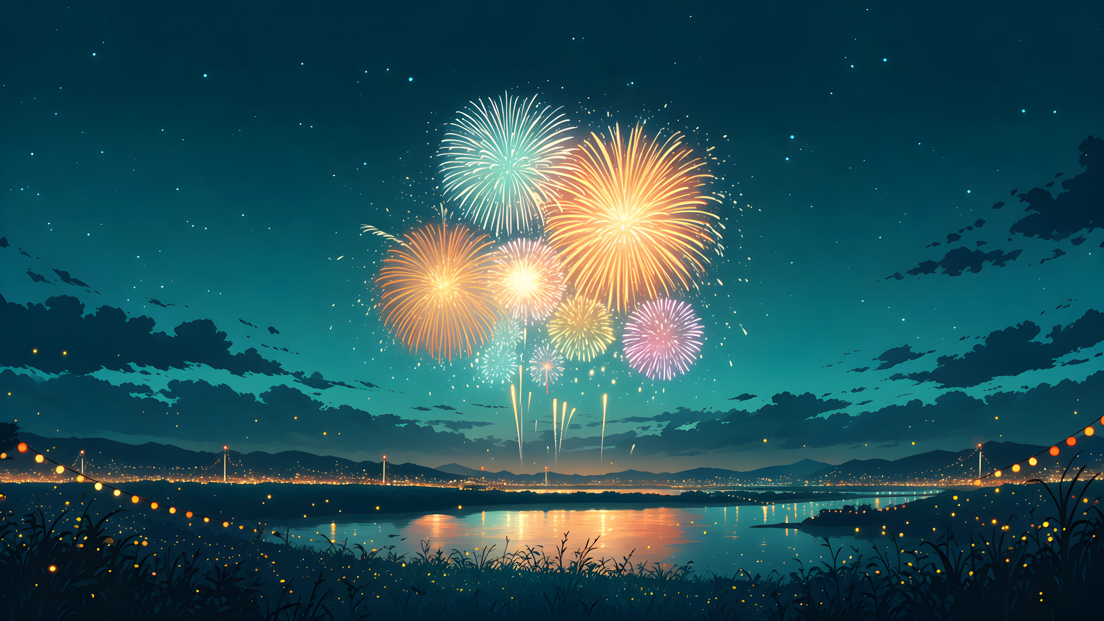 Summer Fireworks River variant — Japanese aesthetic lofi wallpaper HD 4K Ultrawide