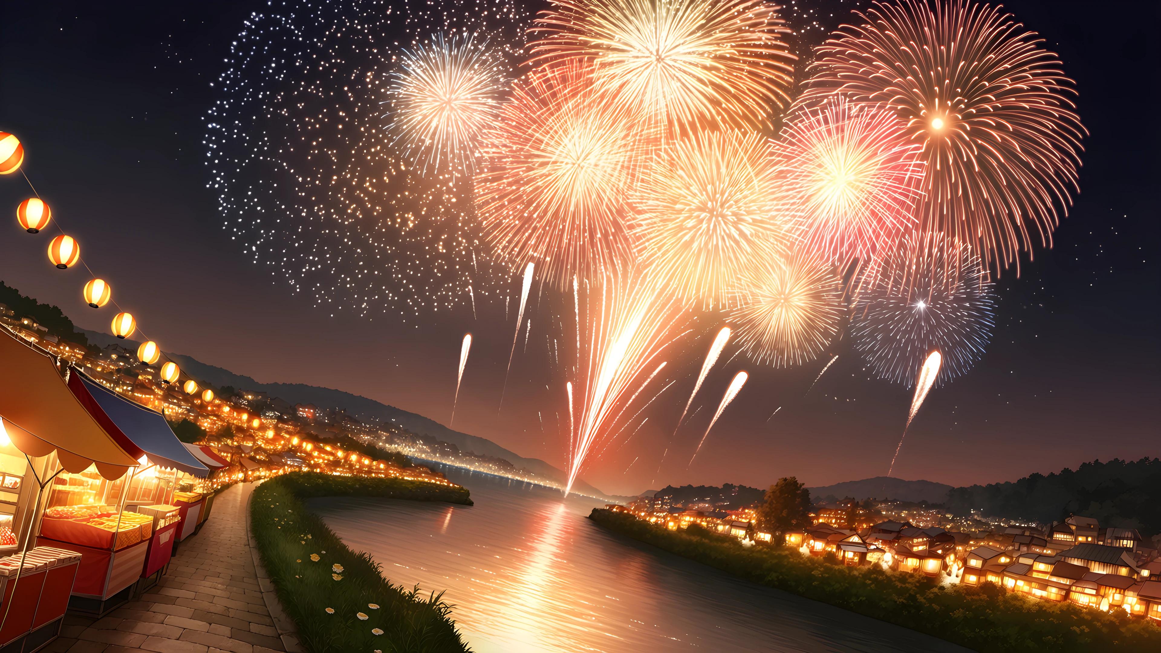 Summer Fireworks River lofi wallpaper