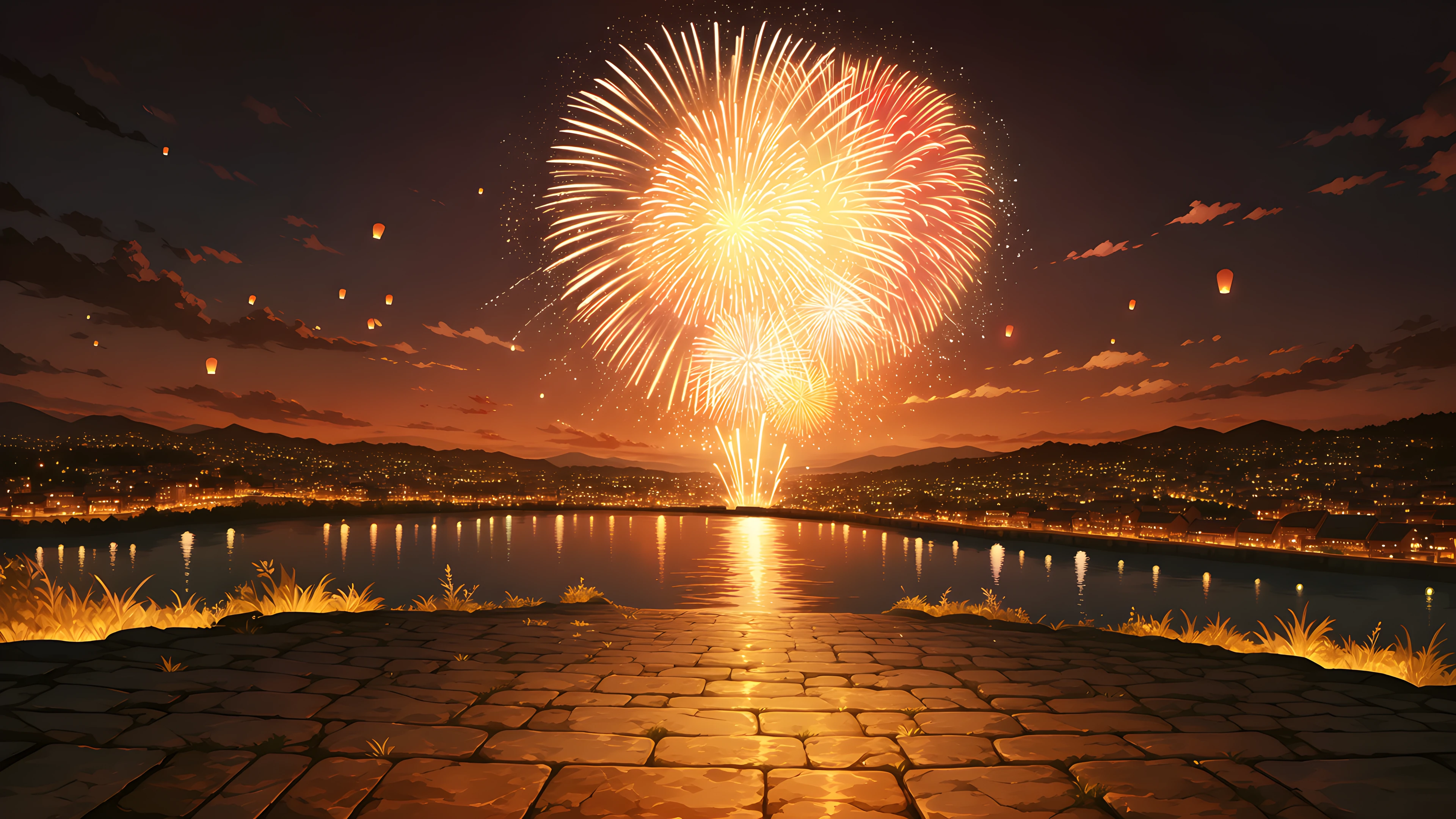 Summer Fireworks River lofi wallpaper