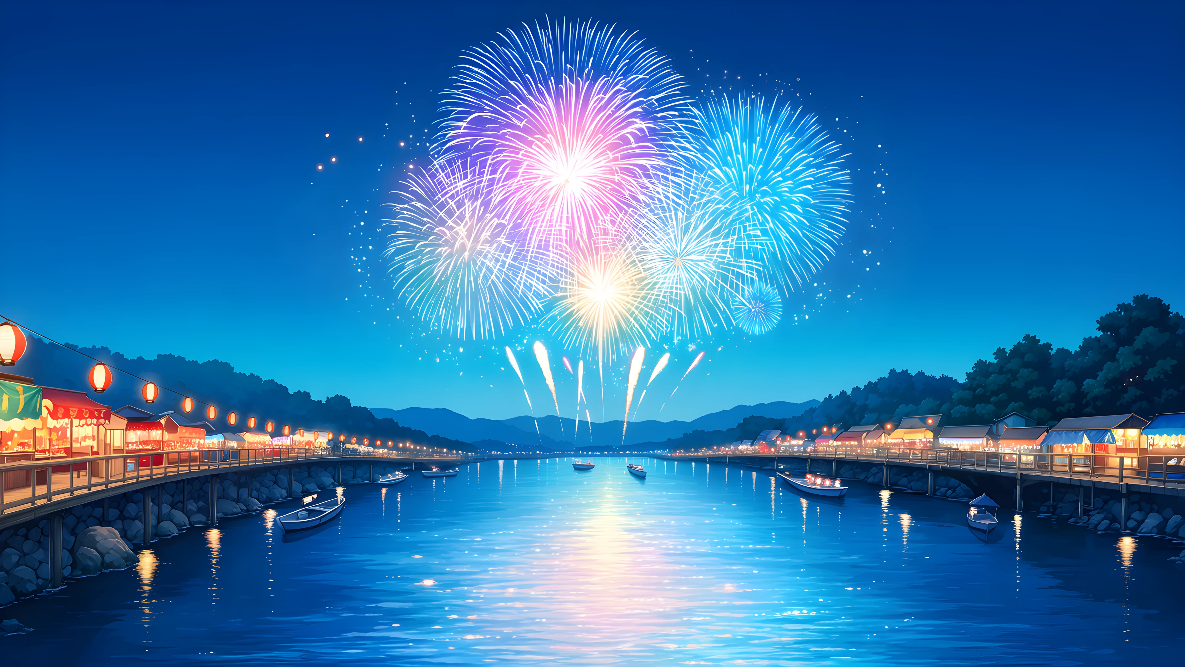 Summer Fireworks River lofi wallpaper