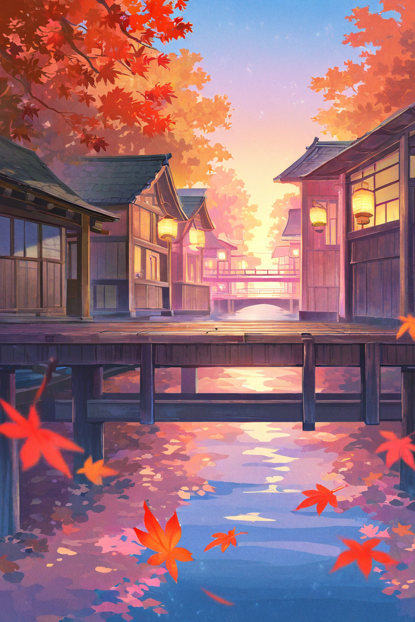 Autumn Maple Village lofi wallpaper