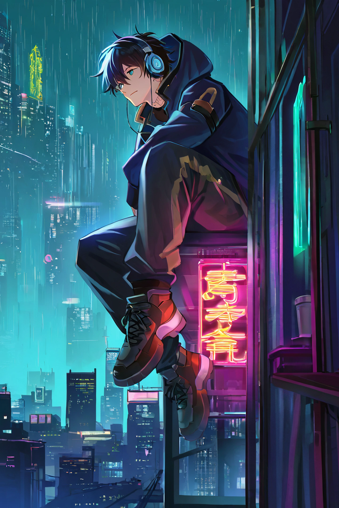 Cyberpunk Boy Rooftop lofi wallpaper