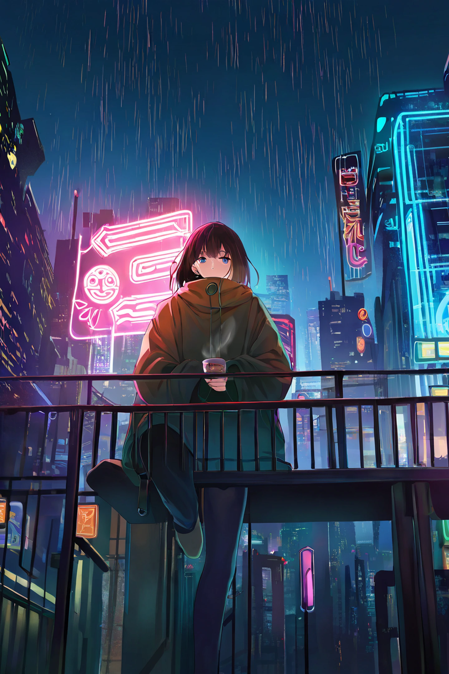 Cyberpunk Girl Balcony lofi wallpaper