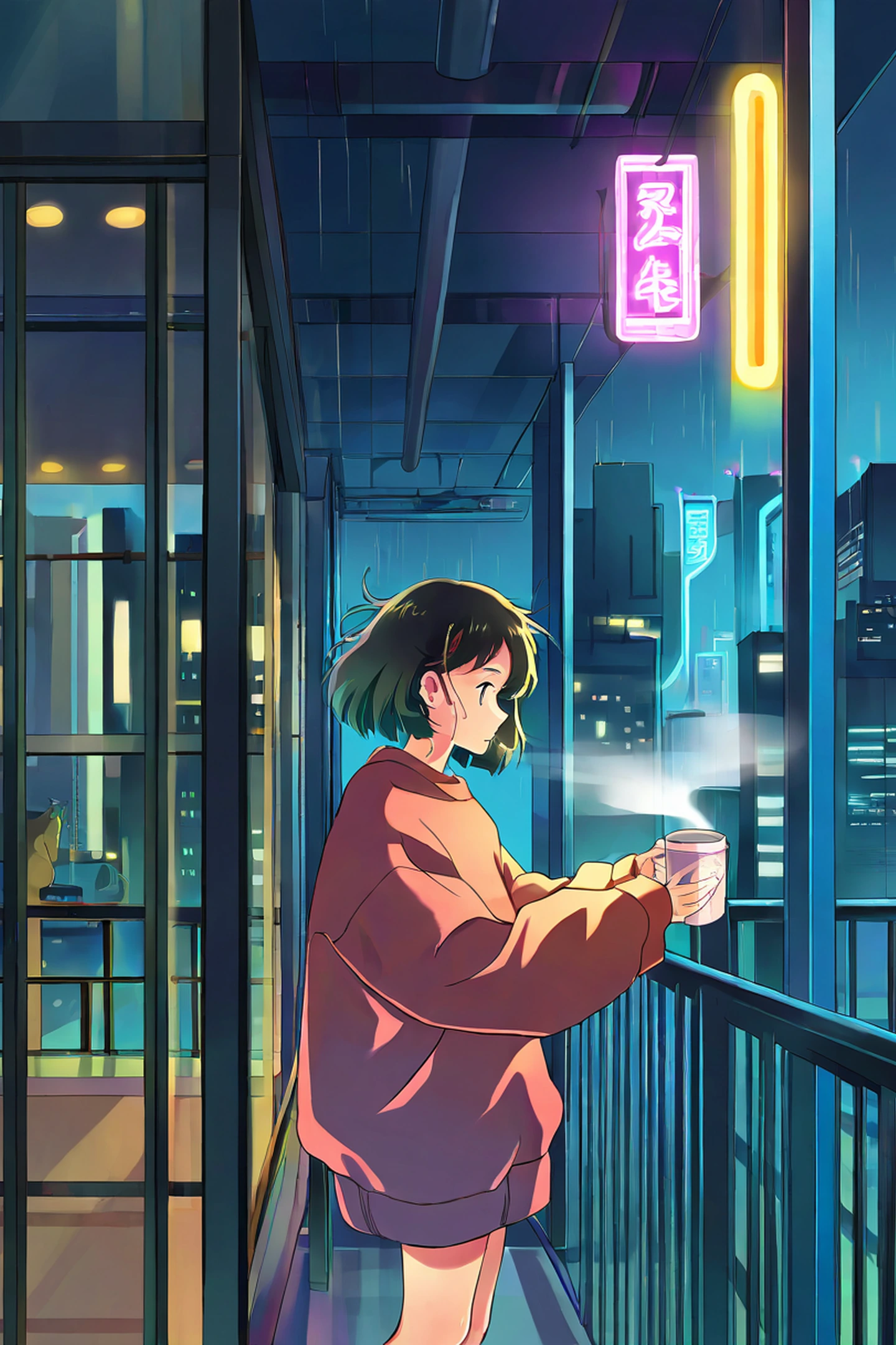 Cyberpunk Girl Balcony lofi wallpaper
