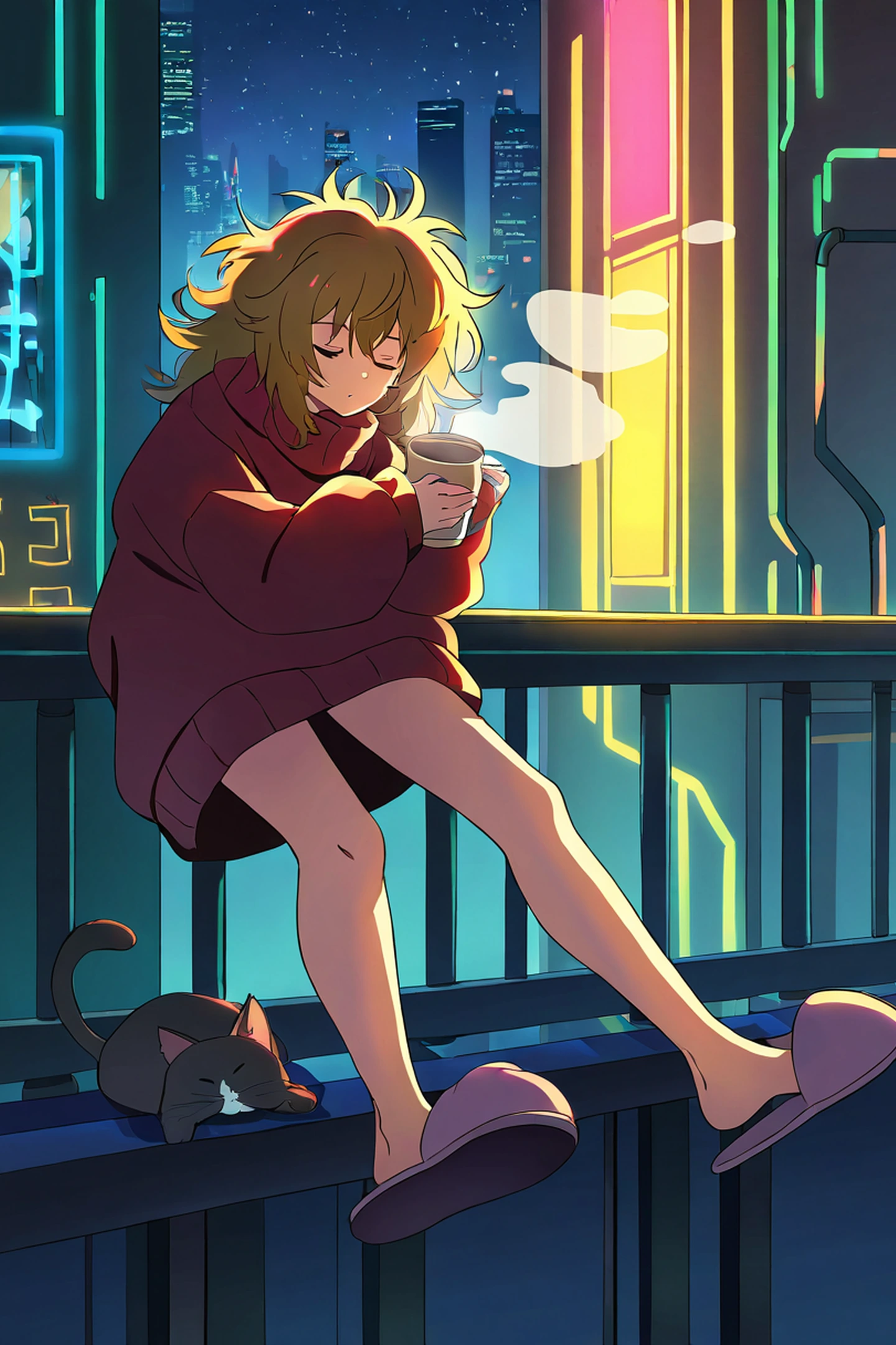 Cyberpunk Girl Balcony lofi wallpaper