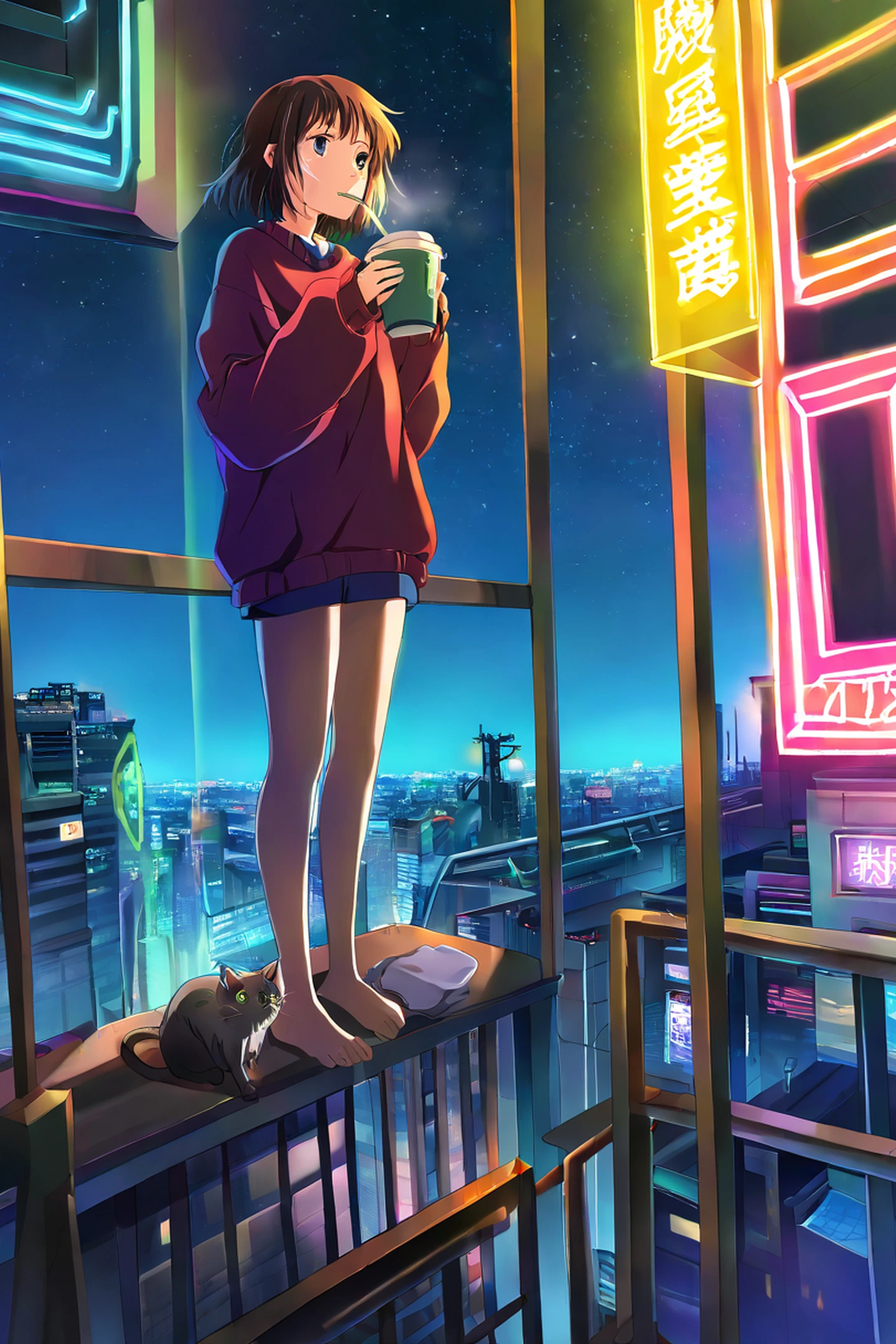Cyberpunk Girl Balcony lofi wallpaper