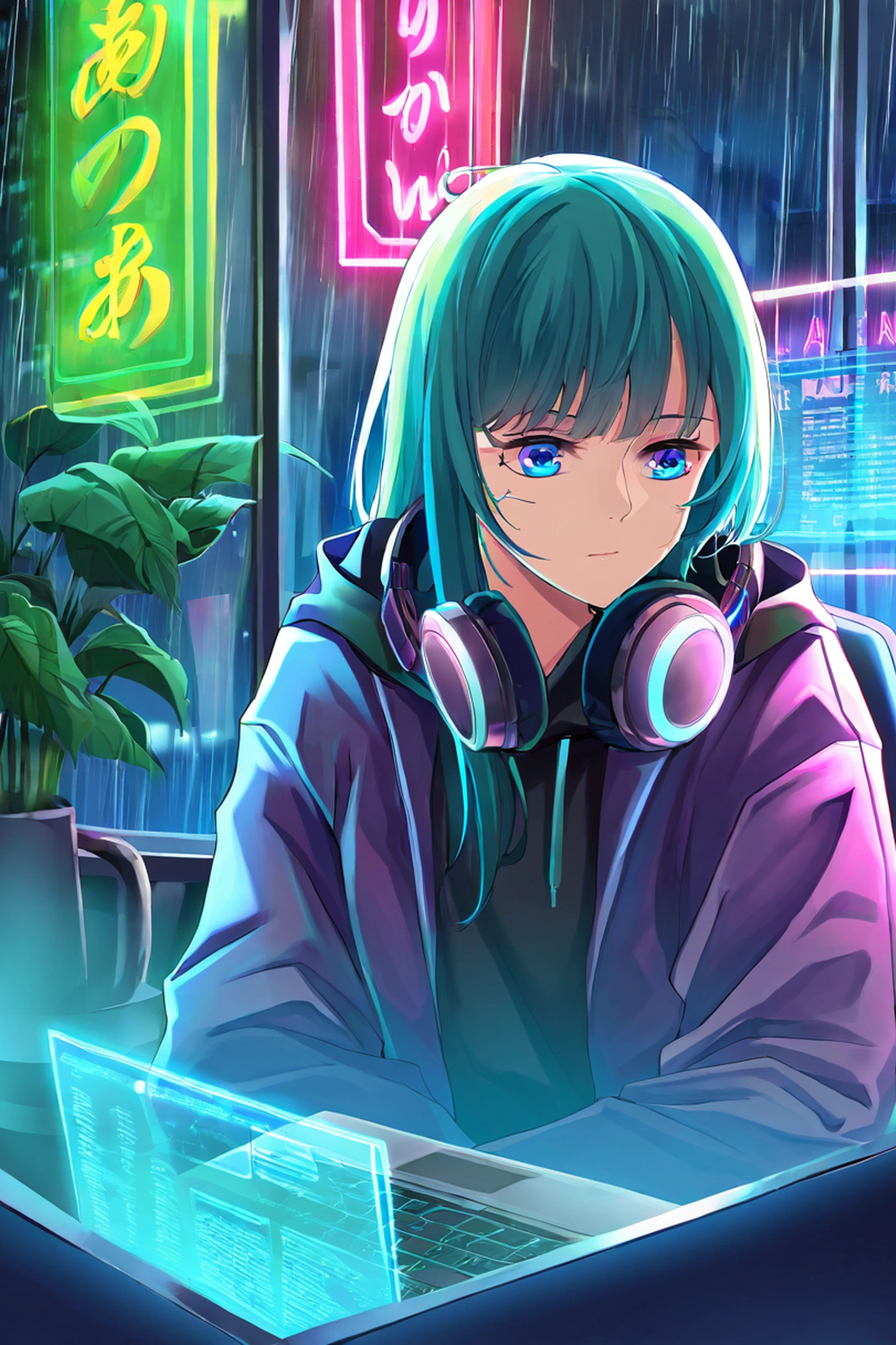 Cyberpunk Girl Neon Cafe lofi wallpaper