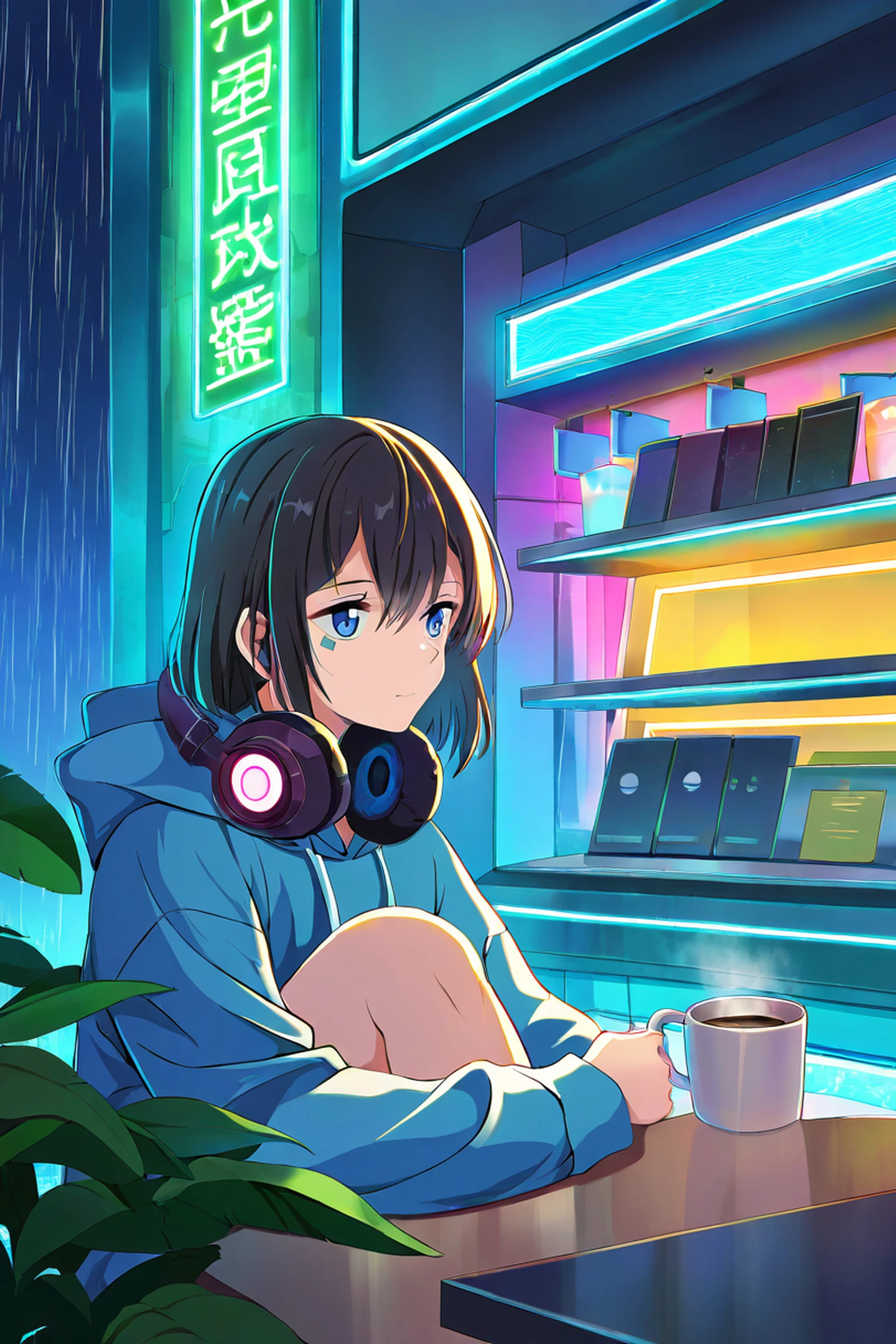 Cyberpunk Girl Neon Cafe lofi wallpaper