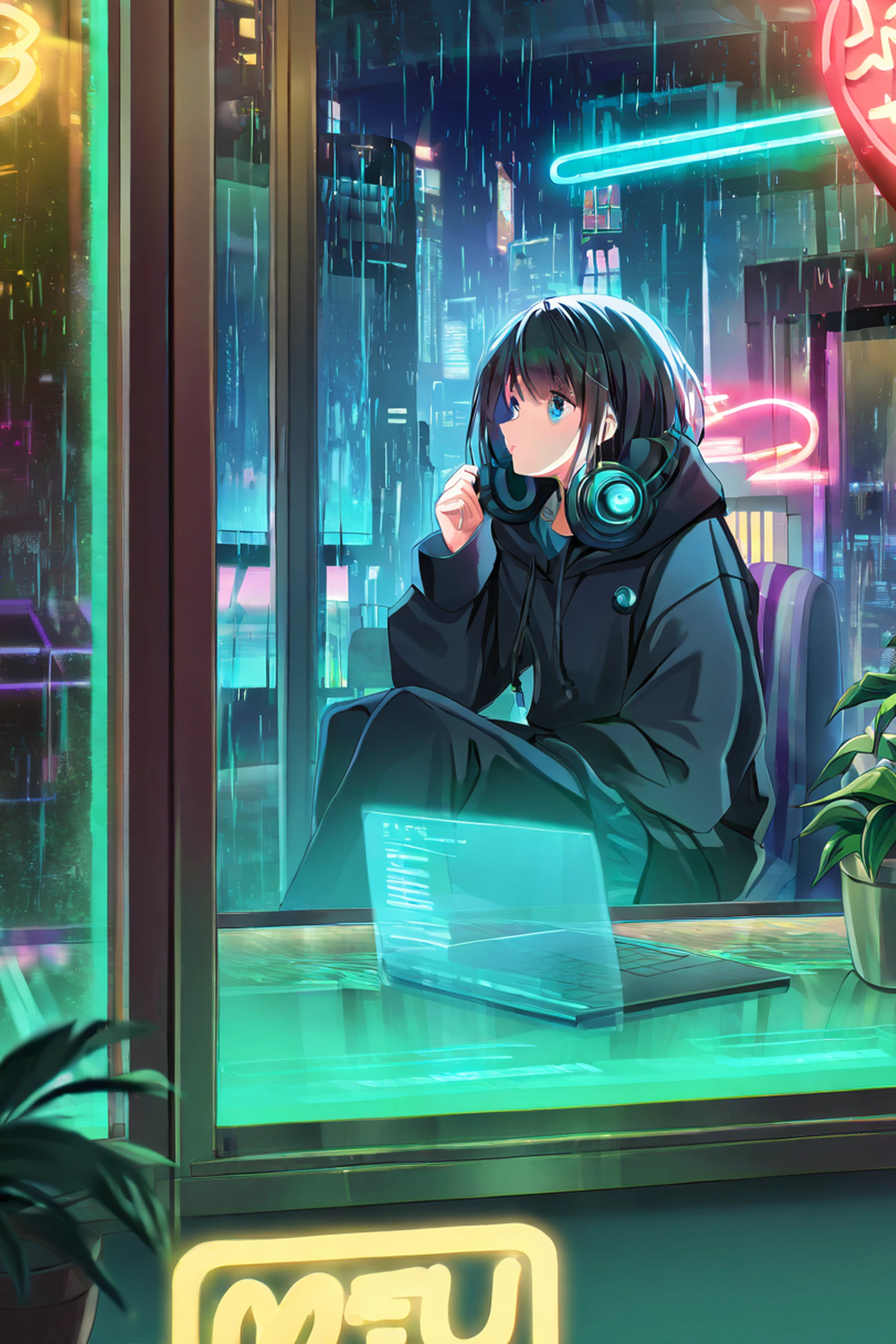 Cyberpunk Girl Neon Cafe lofi wallpaper