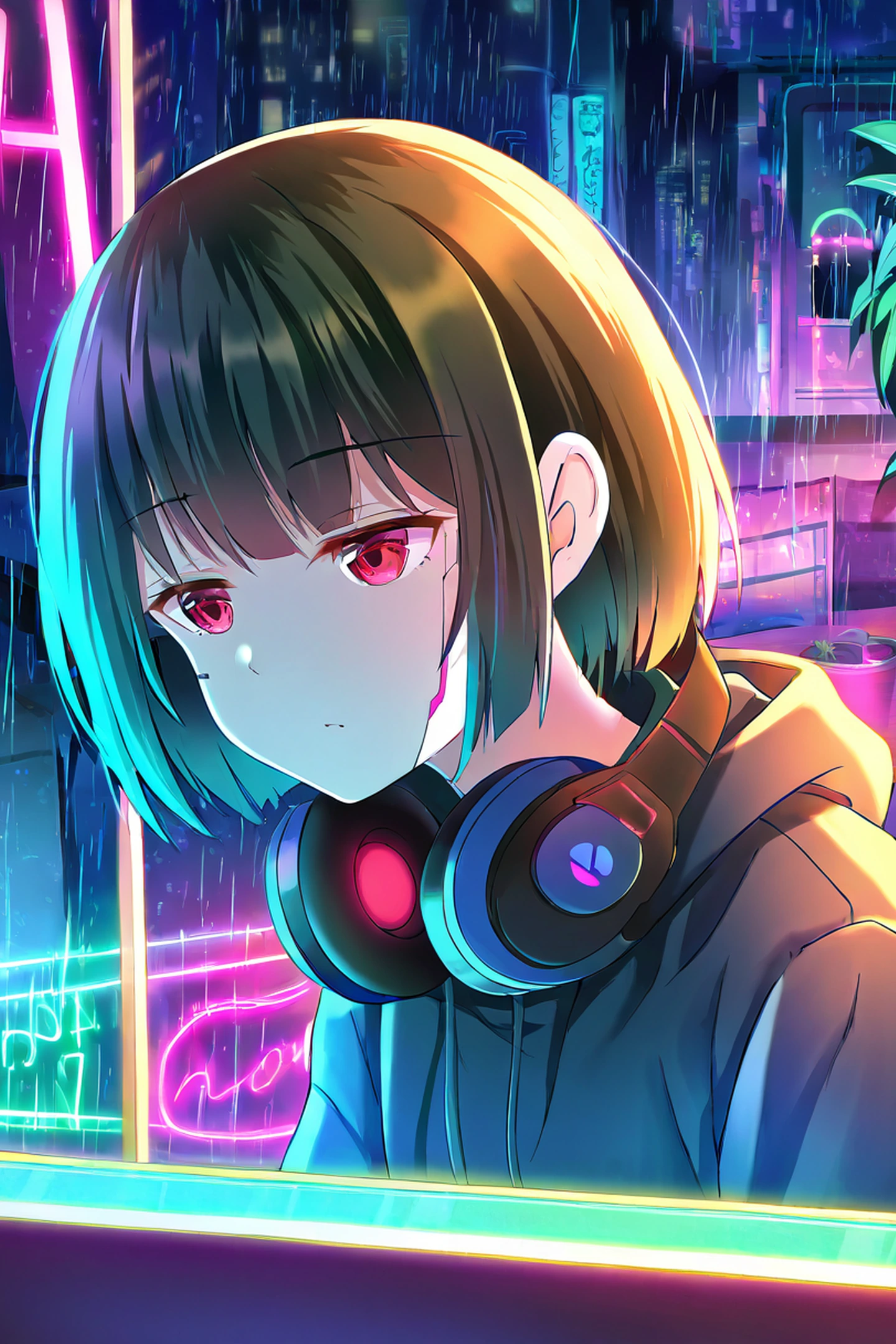 Cyberpunk Girl Neon Cafe lofi wallpaper