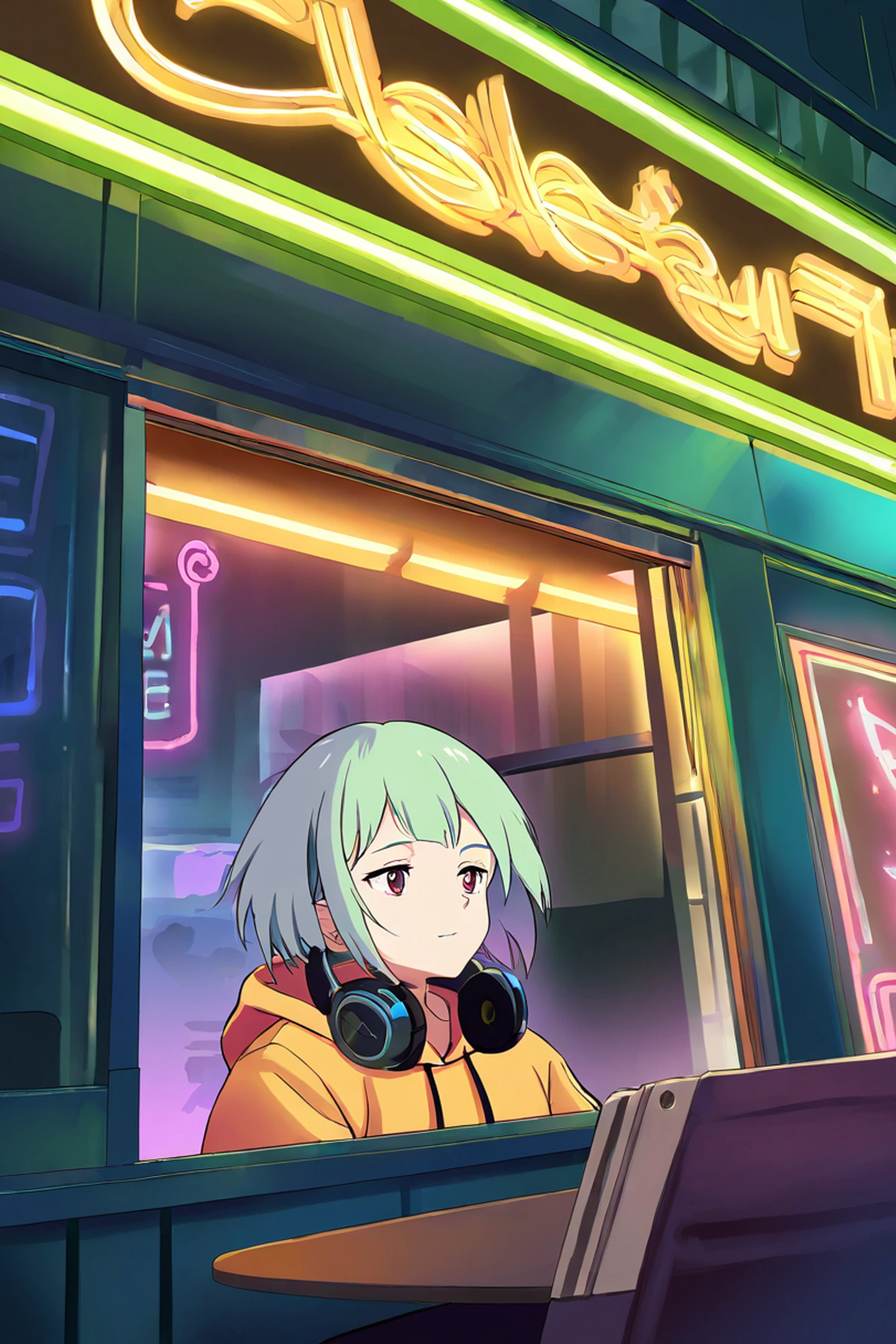 Cyberpunk Girl Neon Cafe lofi wallpaper