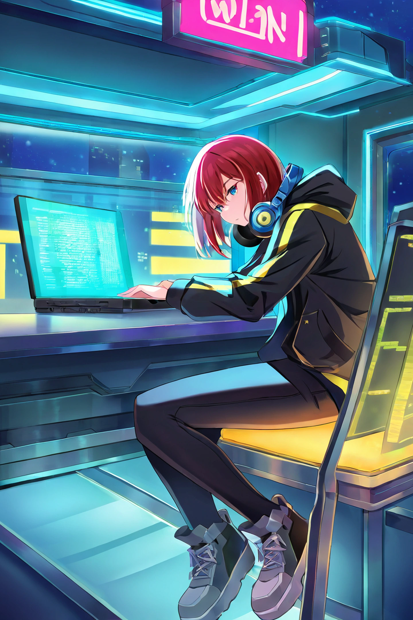 Cyberpunk Girl Neon Cafe lofi wallpaper