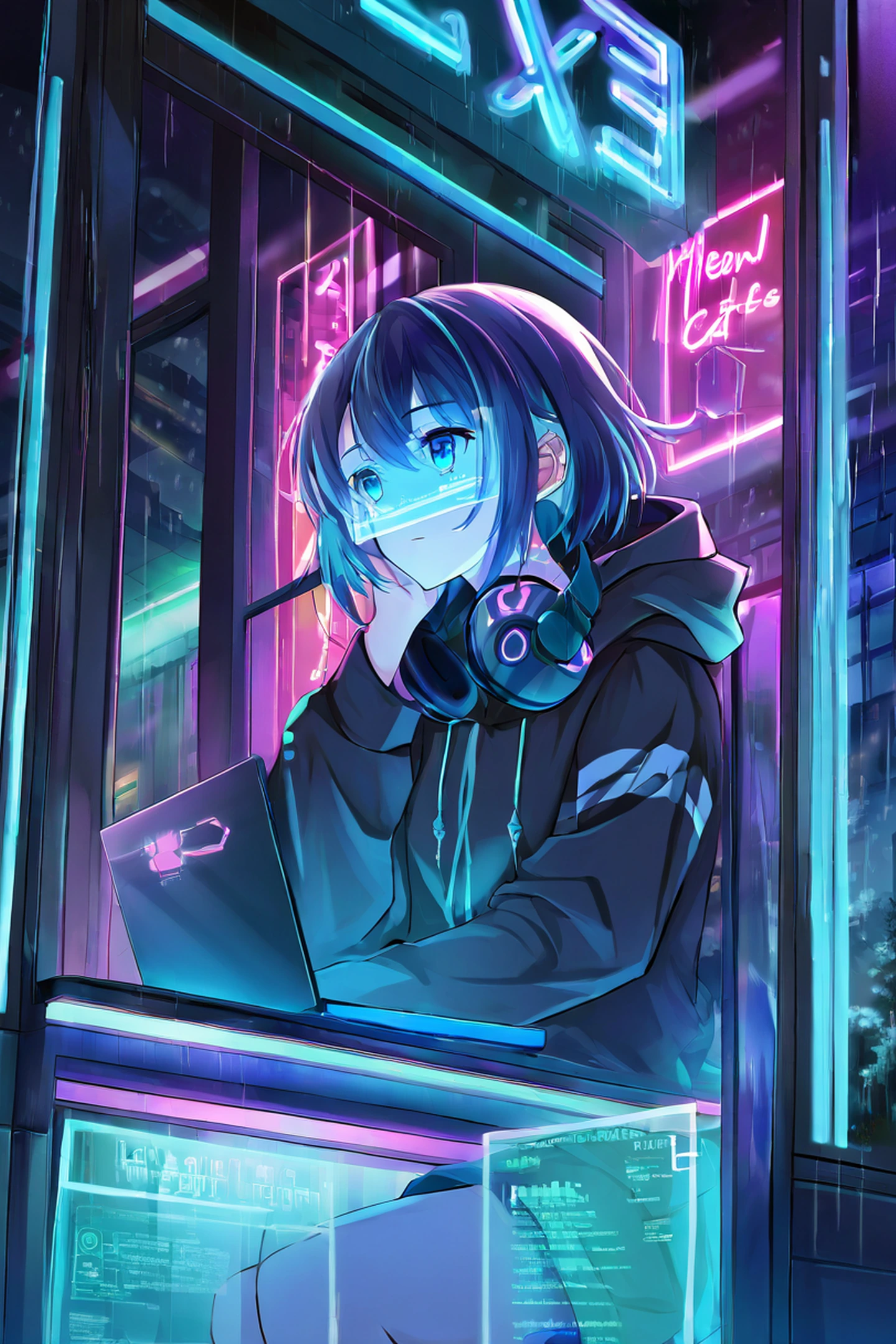 Cyberpunk Girl Neon Cafe lofi wallpaper