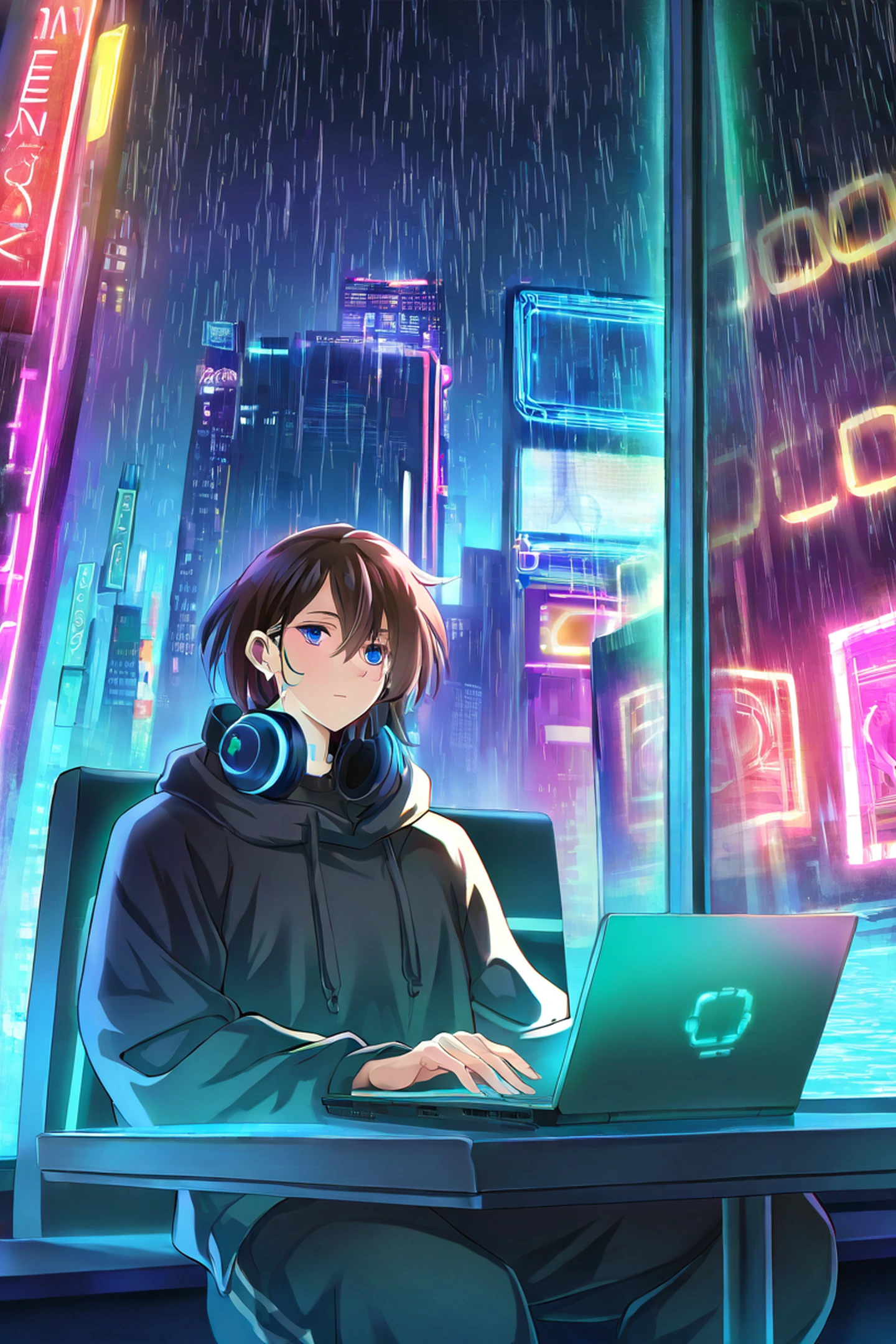 Cyberpunk Girl Neon Cafe lofi wallpaper