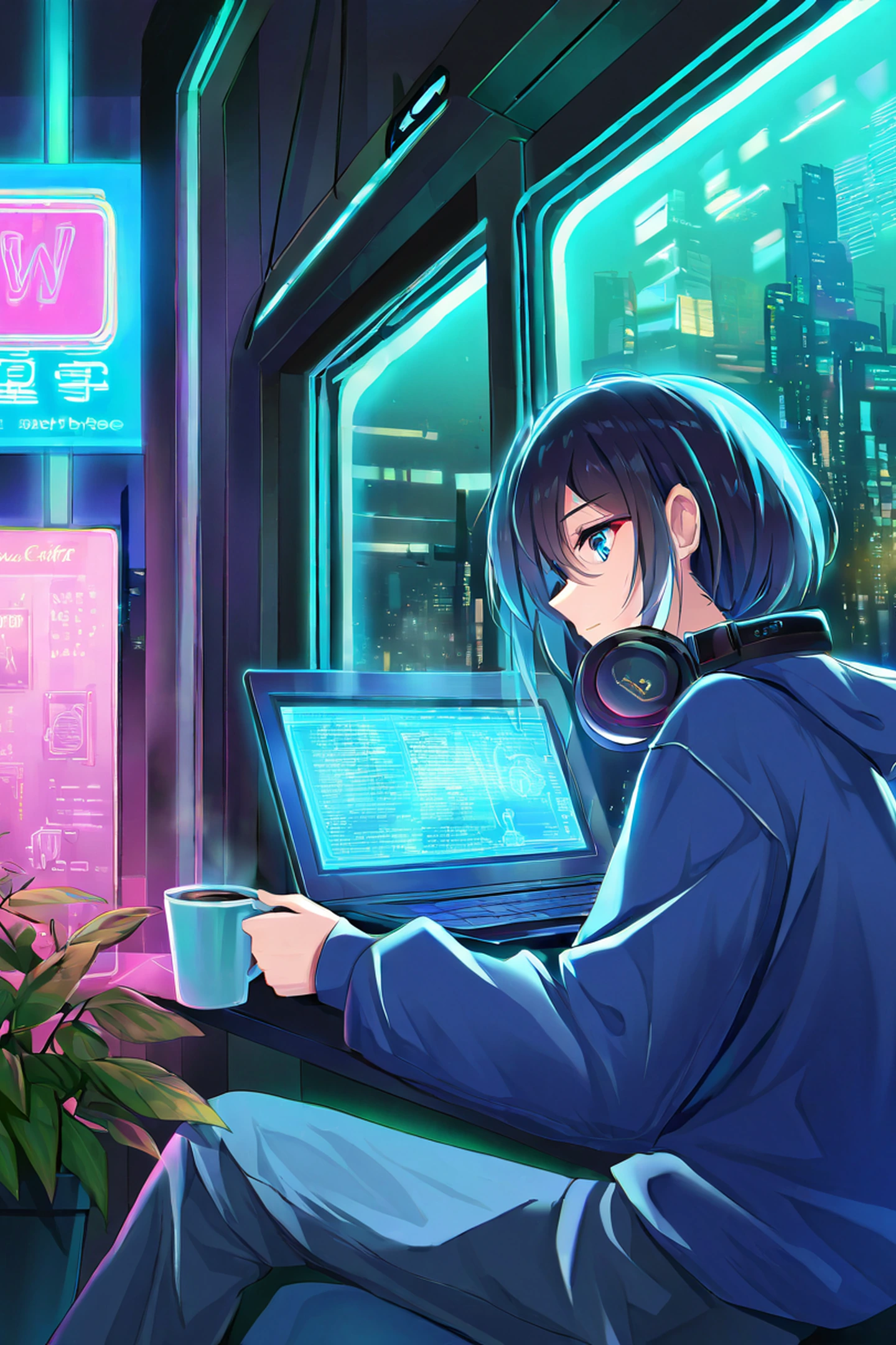 Cyberpunk Girl Neon Cafe lofi wallpaper