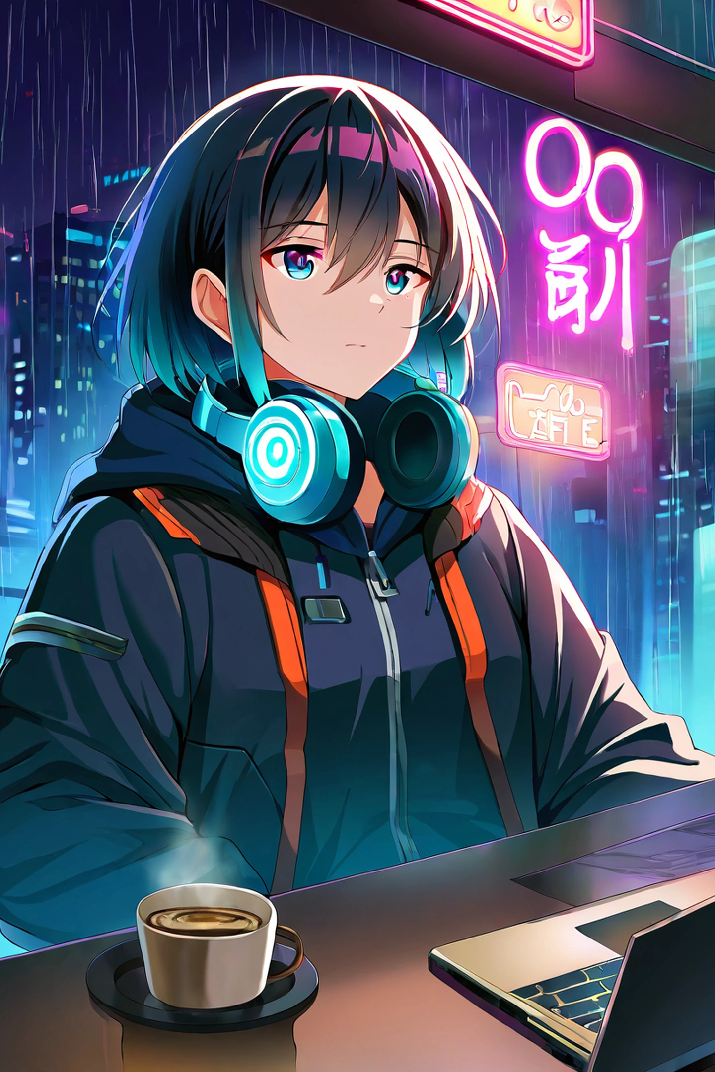 Cyberpunk Girl Neon Cafe lofi wallpaper