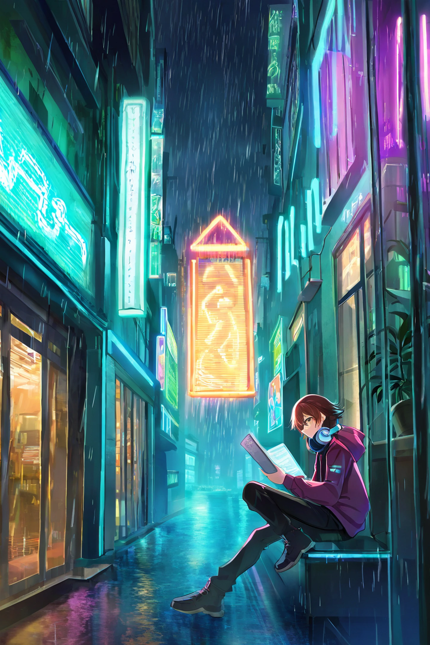 Cyberpunk Girl Neon Cafe lofi wallpaper