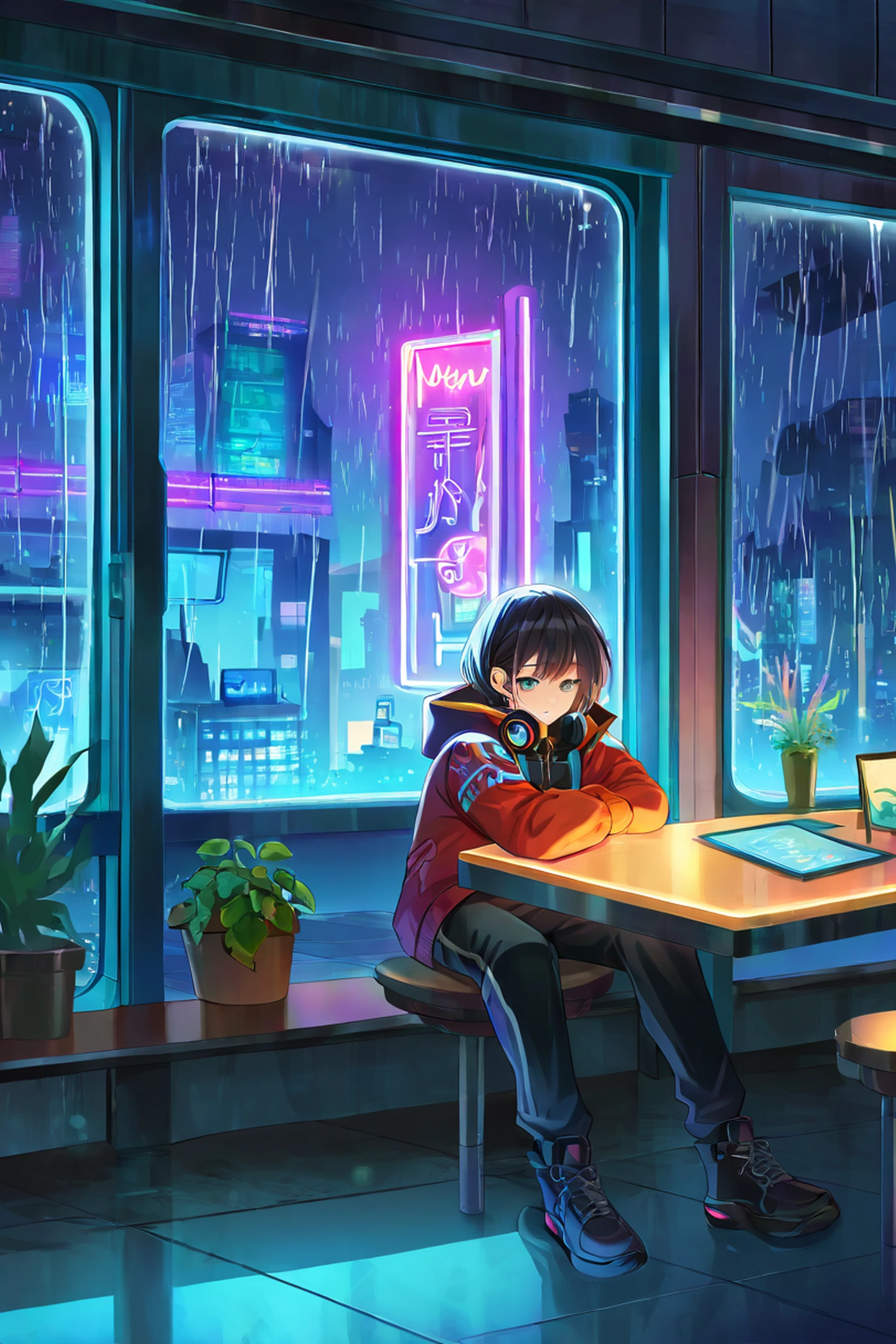 Cyberpunk Girl Neon Cafe lofi wallpaper