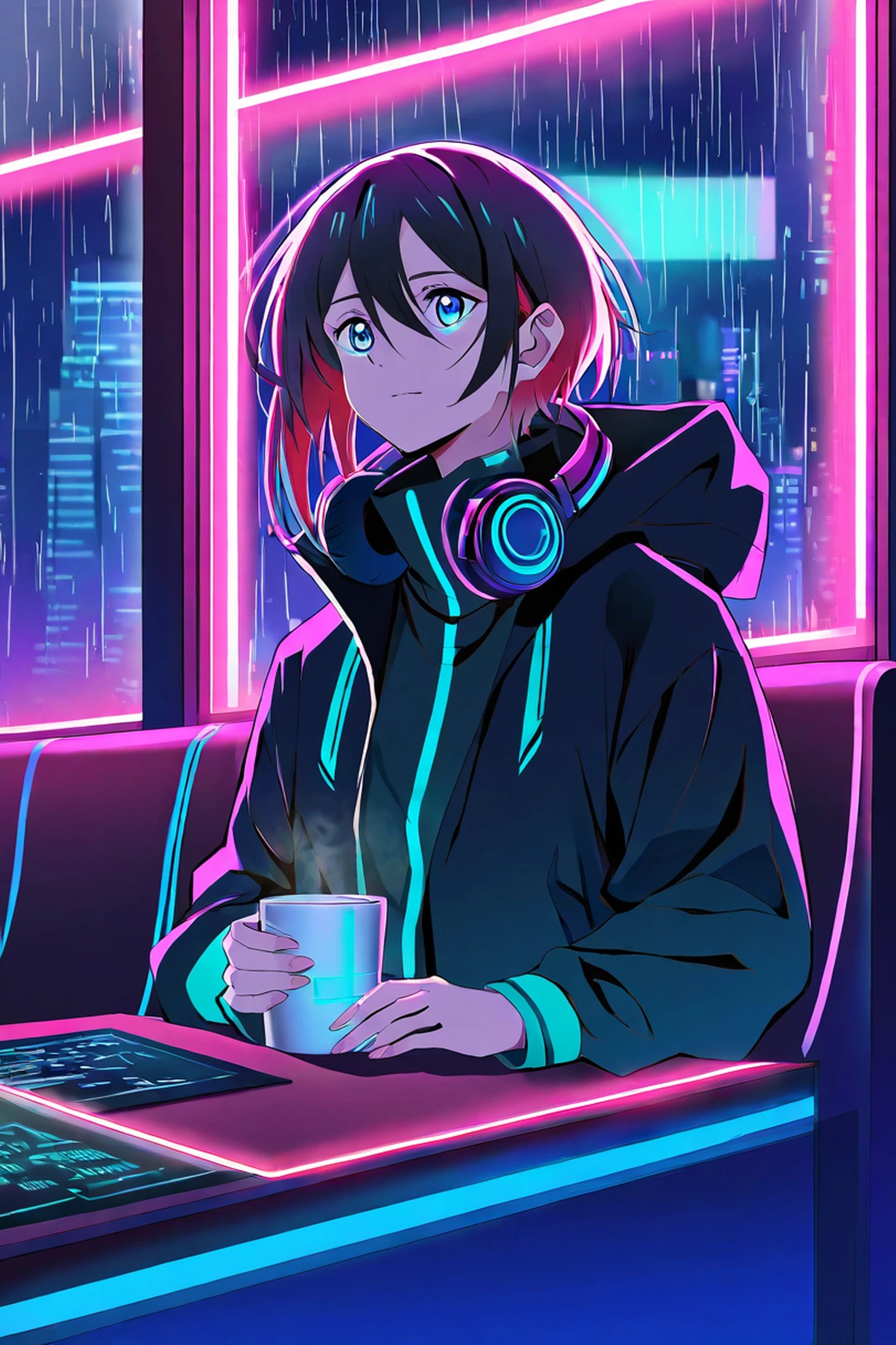 Cyberpunk Girl Neon Cafe lofi wallpaper