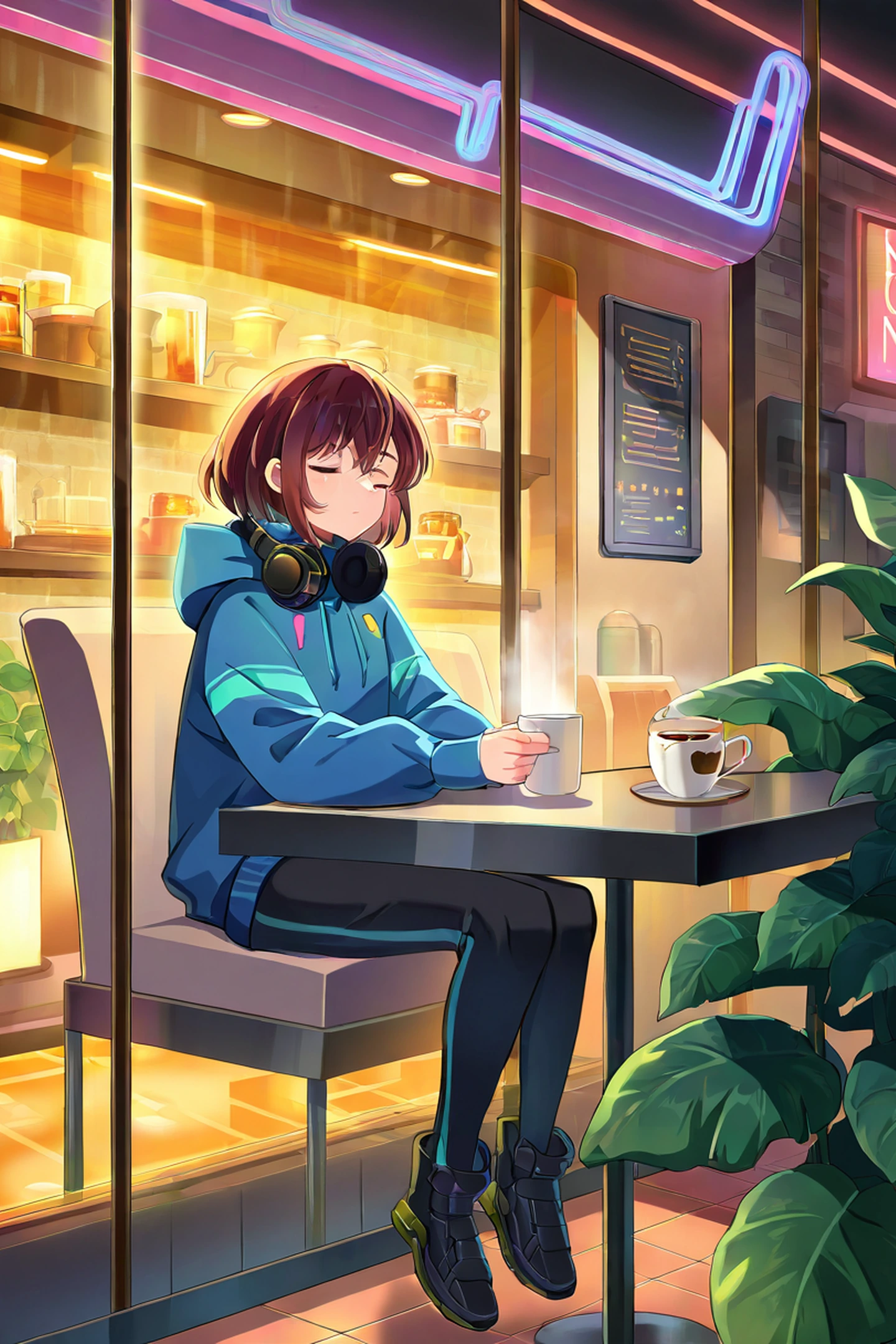 Cyberpunk Girl Neon Cafe lofi wallpaper